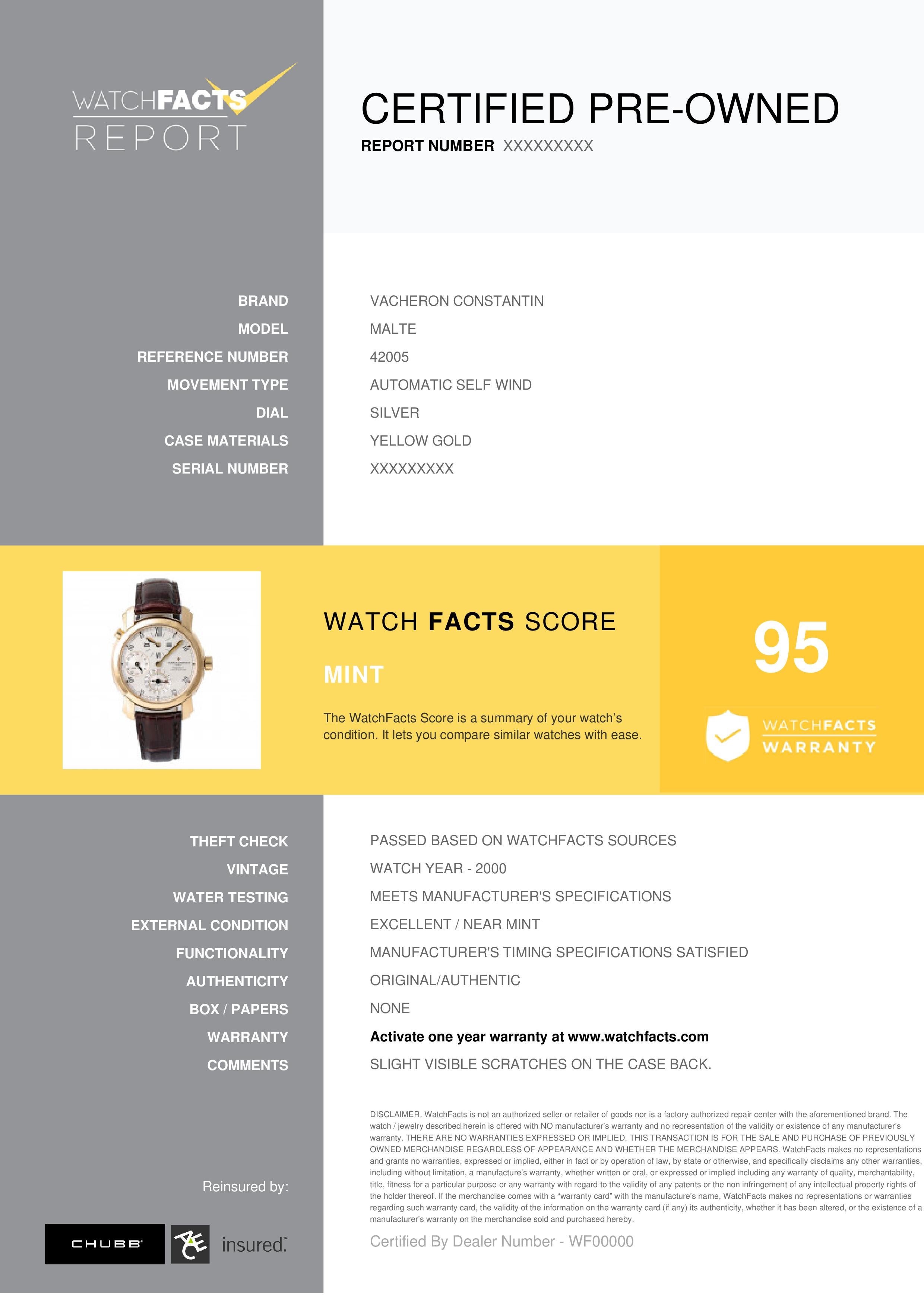 Vacheron Constantin Malte Reference #: 42005. Mens Automatic Self Wind Watch Yellow Gold Silver 38 MM. Verified and Certified by WatchFacts. 1 year warranty offered by WatchFacts.
