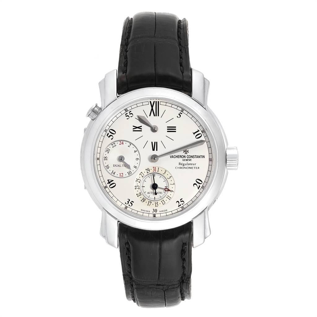 Vacheron Constantin Malte Dual Time Regulator White Gold Mens Watch 42005. Automatic self-winding movement.Rhodium-plated, fausses cotes decoration, straight-line lever escapement, monometallic balance adjusted to 5 positions, shock absorber,