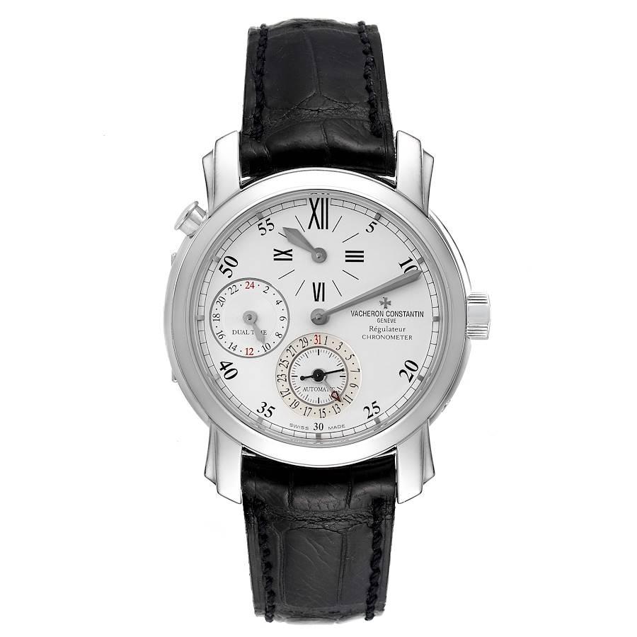 Vacheron Constantin Malte Dual Time Regulator White Gold Mens Watch 42005. Automatic self-winding movement.  Rhodium-plated, fausses cotes decoration, straight-line lever escapement, monometallic balance adjusted to 5 positions, shock absorber,