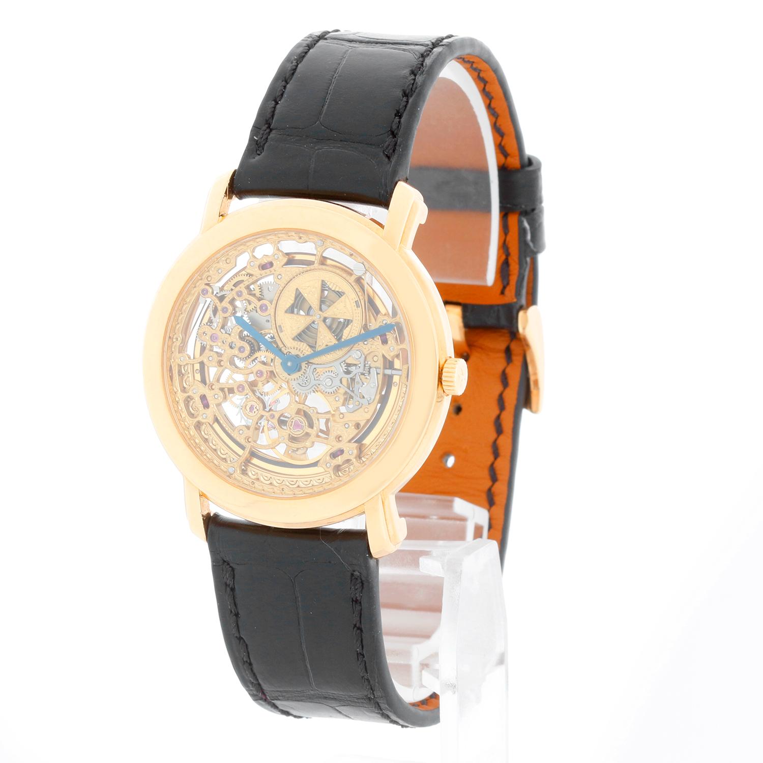 Vacheron Constantin Malte Skeleton Yellow Gold Watch - Automatic winding. 18K Yellow Gold ( 35mm ). Skeleton dial. Black Vacheron Constantin strap with Vacheron Constantin 18K Gold buckle. Pre-owned with Vacheron Constantin box
