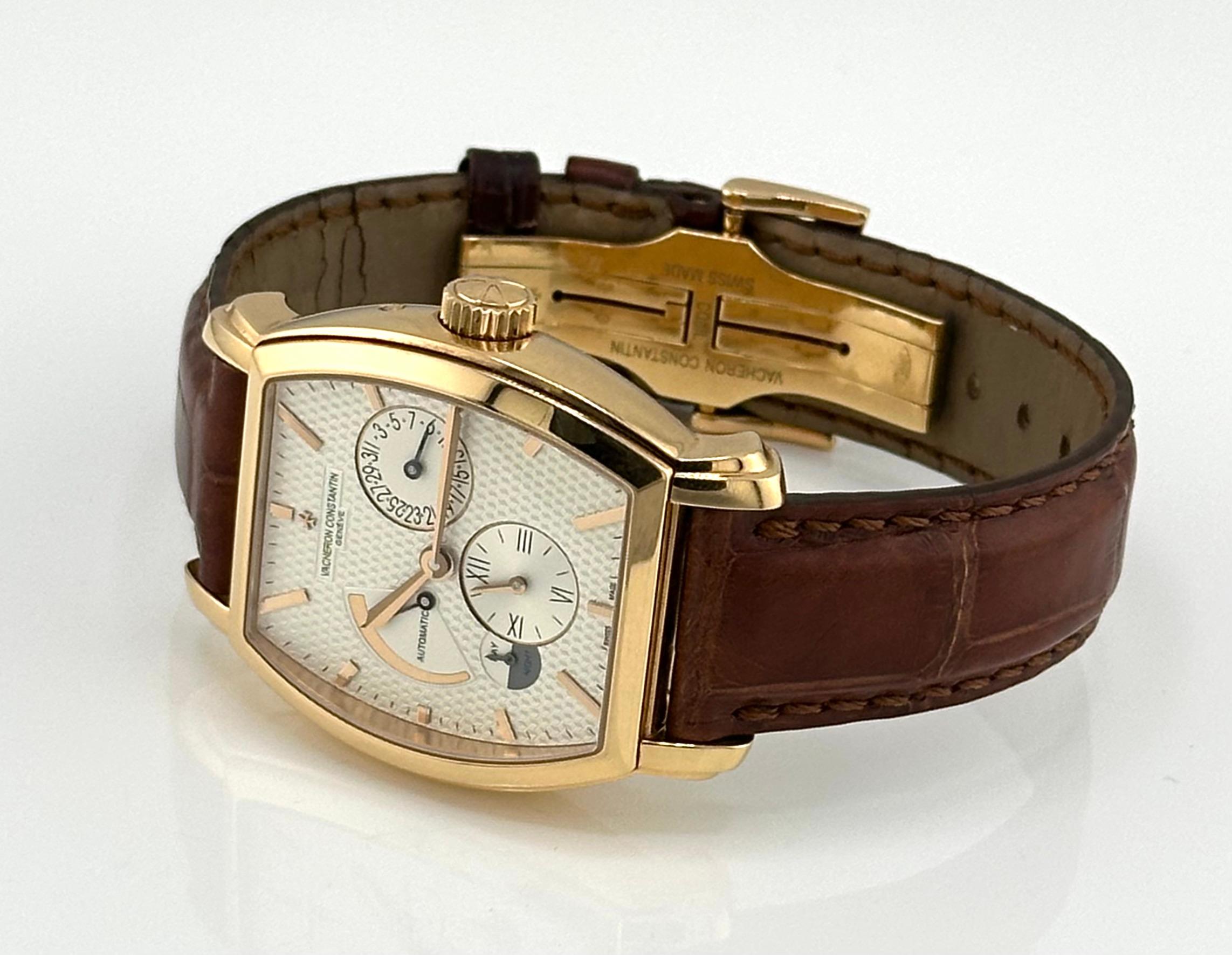 Vacheron Constantin Malte Tonneau Dual Time Rose Gold

Reference #: 47400/000R-9100

Movement: Automatic

Case Material: Rose Gold

Bracelet Material: Dark Brown Alligator Strap

Condition: Pre-Owned, Used ( Good Condition, The item shows visible