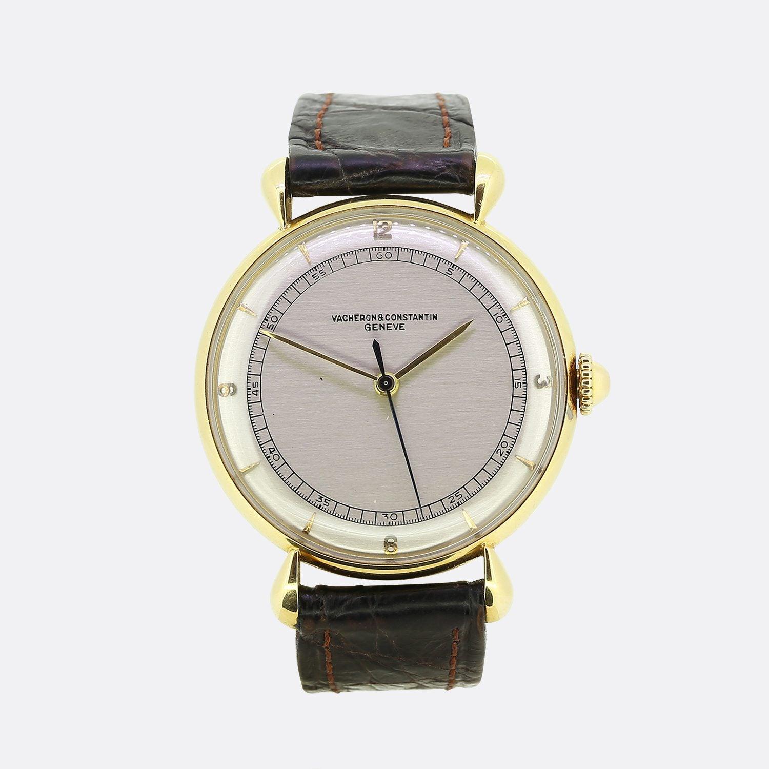 This is a beautifully made watch from the designer Vacheron & Constantin. The watch features an 18ct yellow gold case and crown, with 'teardrop lugs'. and has been finished with a dark brown leather strap with an 18ct yellow gold buckle. The  watch