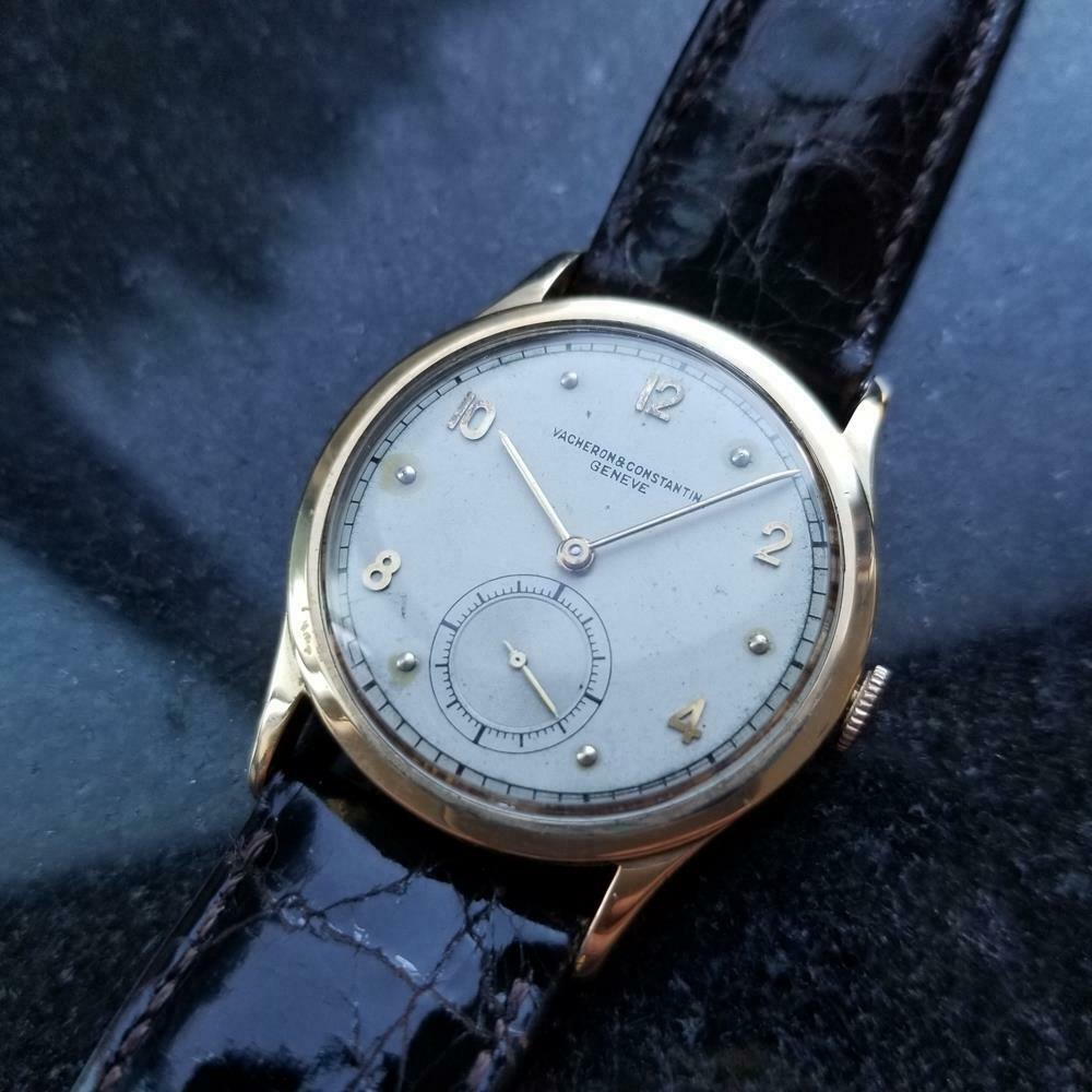 Vintage luxury, men's 18k solid gold Vacheron & Constantin cal.453 manual wind dress watch, c.1950s. Verified authentic by a master watchmaker. Gorgeous vintage Vacheron & Constantin signed white dial, applied Arabic numeral and droplet hour