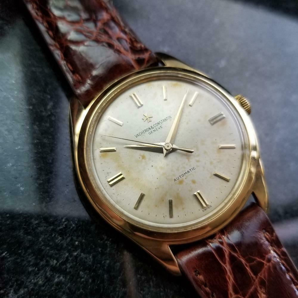 Vintage luxury, men's 18k solid gold Vacheron & Constantin Geneve automatic dress watch, c.1950s. Verified authentic by a master watchmaker. Gorgeous, original Vacheron dial, applied indice hour markers, gilt minute and hour hands, sweeping central
