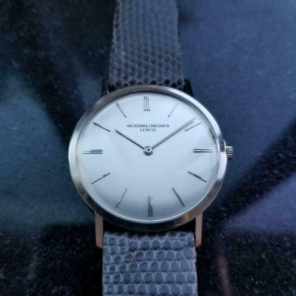 Timeless luxury, men's solid 18k white gold Vacheron & Constantin ref.6115 ultra-thin dress watch, c.1960s. Verified authentic by a master watchmaker. Gorgeous silver Vacheron signed dial, applied silver indice hour markers, silver minute and hour