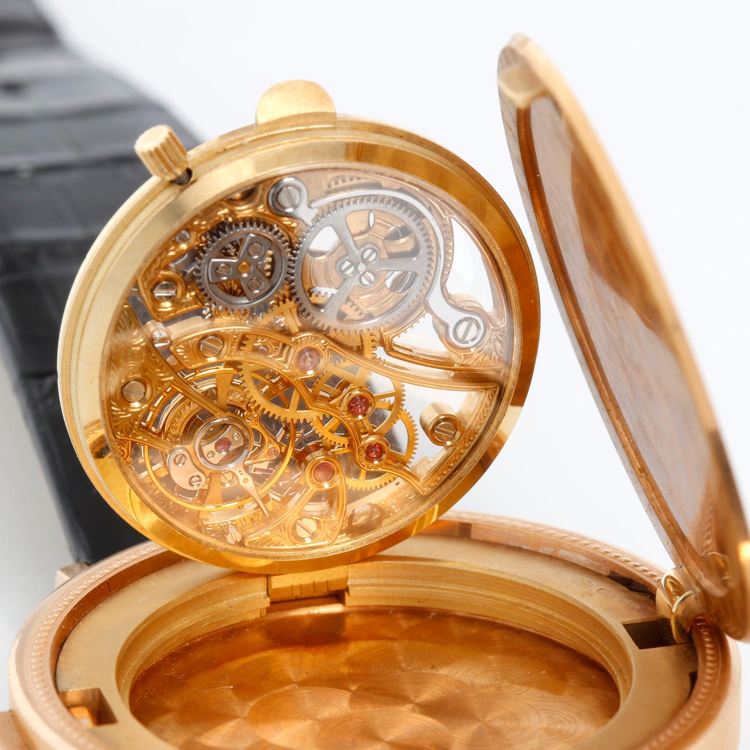 Vacheron Constantin Métiers d'Arts Openwork $20 Gold coin Watch - Manual winding. 18K Yellow Gold 1904 $20 Liberty coin ( 35 mm ). Open work dial engraved hour baton on bezel. Black alligator Vacheron Constantin strap with Vacheron Constantin 18K