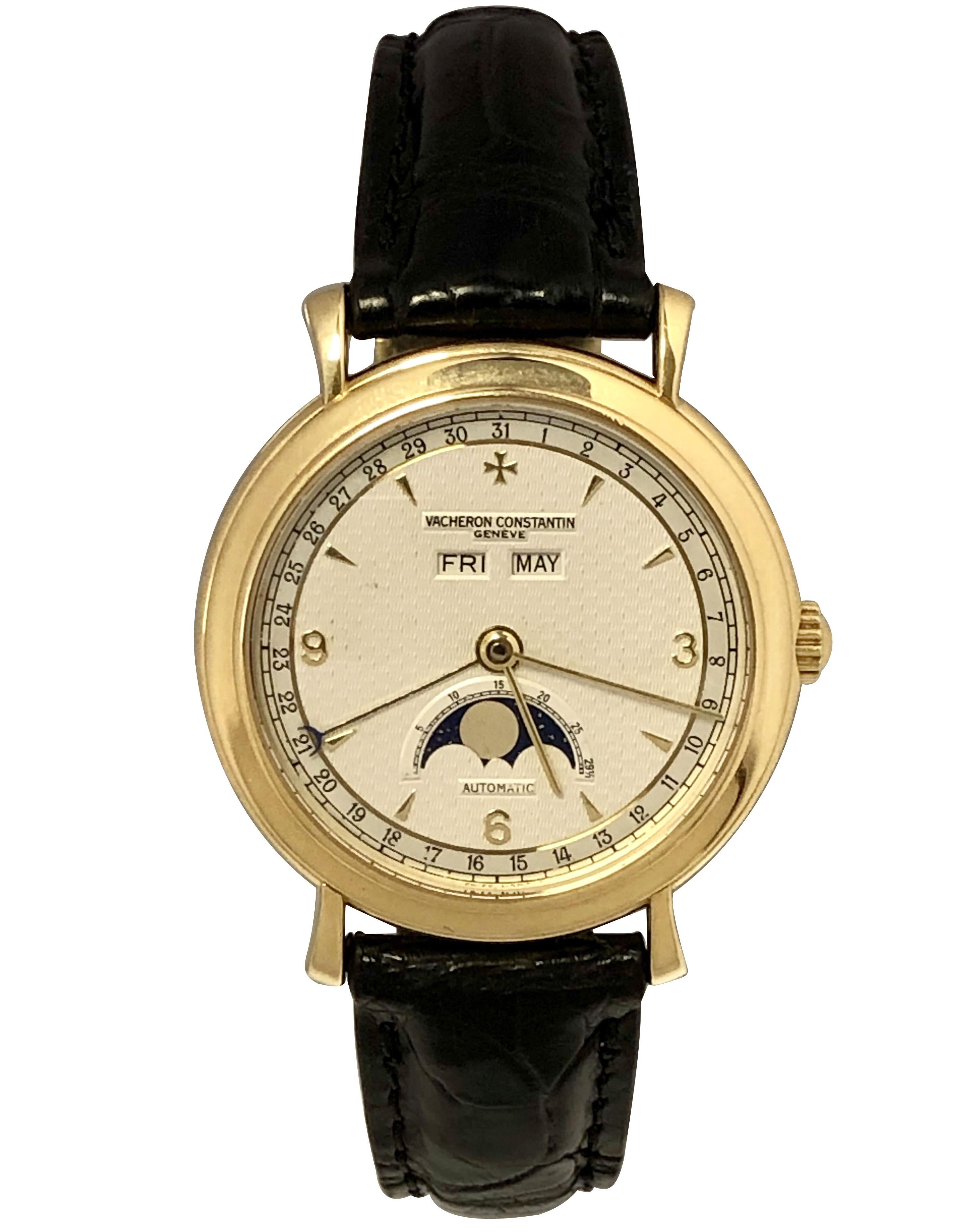 Vacheron Constantin Moonphase Triple Calendar Yellow Gold Wrist Watch Ref 47050 In Excellent Condition For Sale In Chicago, IL