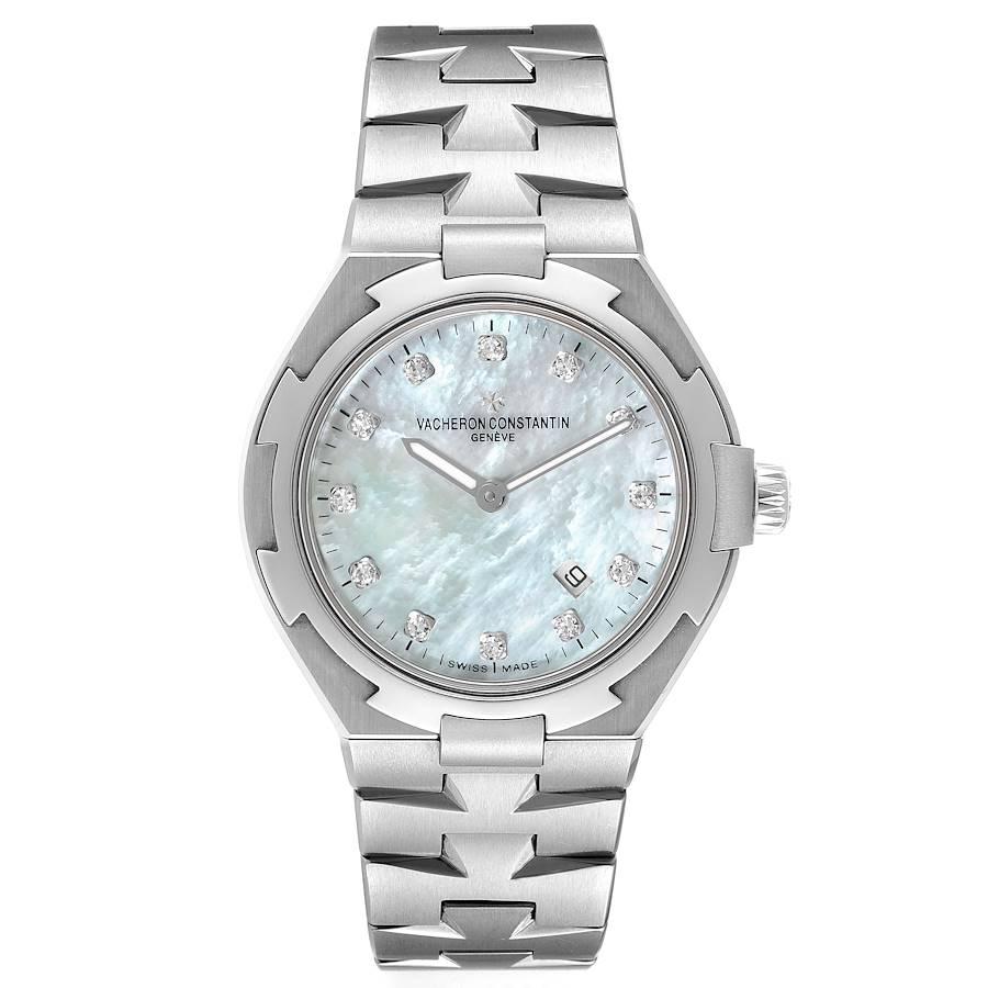 Vacheron Constantin Overseas 34 Steel MOP Diamond Ladies Watch 25750. Quartz movement. Brushed stainless steel case 34.0 mm in diameter. Screwed down crown. Logo on a crown. Solid case back with 'overseas' medalion. Stainless steel bezel. Scratch