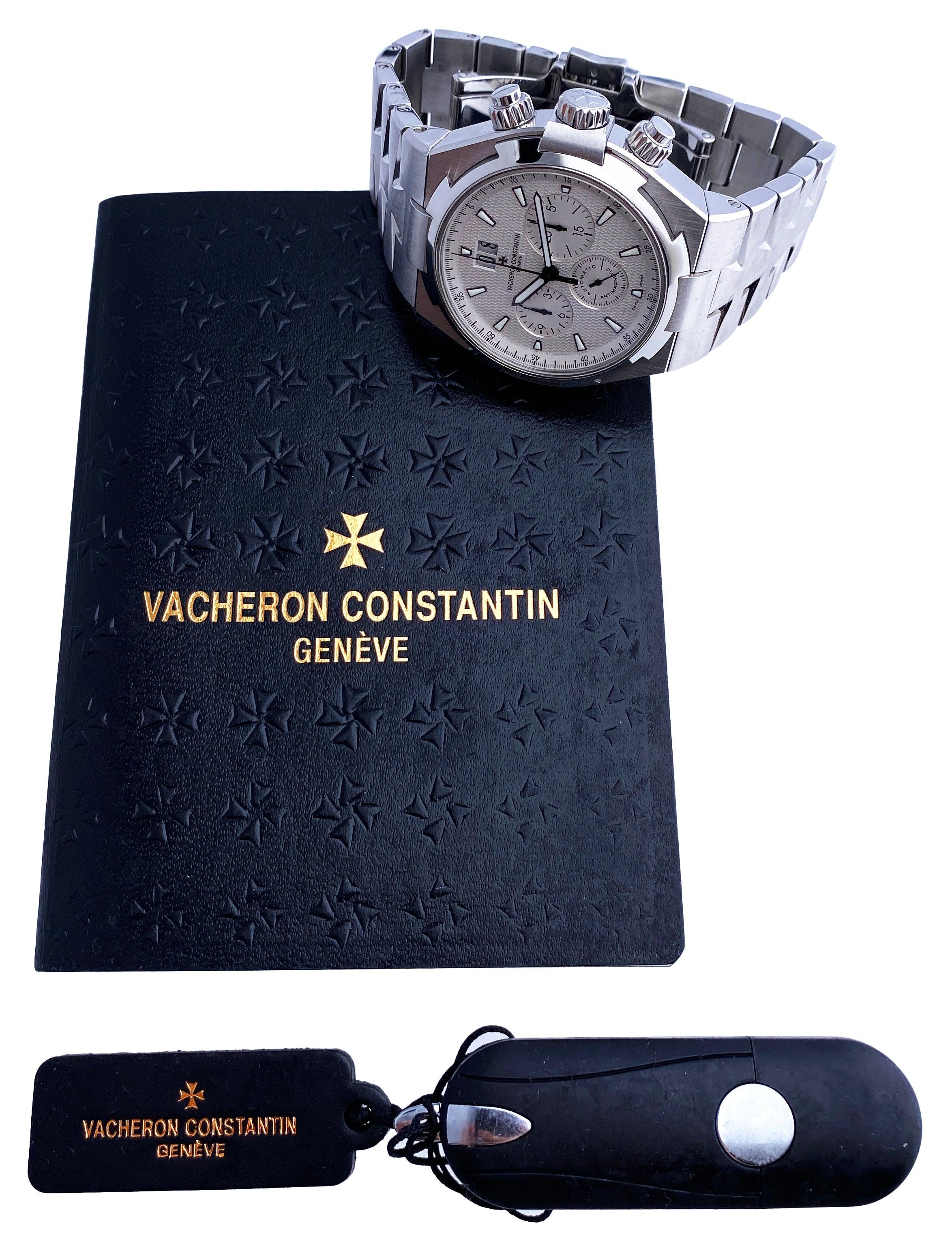 Vacheron Constantin Overseas 49150/B01A-9095 Mens Watch. 42mm stainless steel case with stainless steel fixed bezel. White dial with luminous steel hands and index hour marker. Three sub-dial: 30-minute counter at 3 o'clock, seconds sub-dial at 6