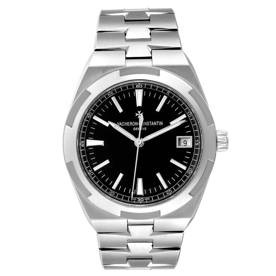 Vacheron Constantin Overseas Black Dial Steel Mens Watch 4500V Box Papers. Automatic self-winding movement. Brushed stainless steel case 41 mm in diameter. Screwd down crown. Logo on a crown. Transparent exhibition sapphire crystal case back.