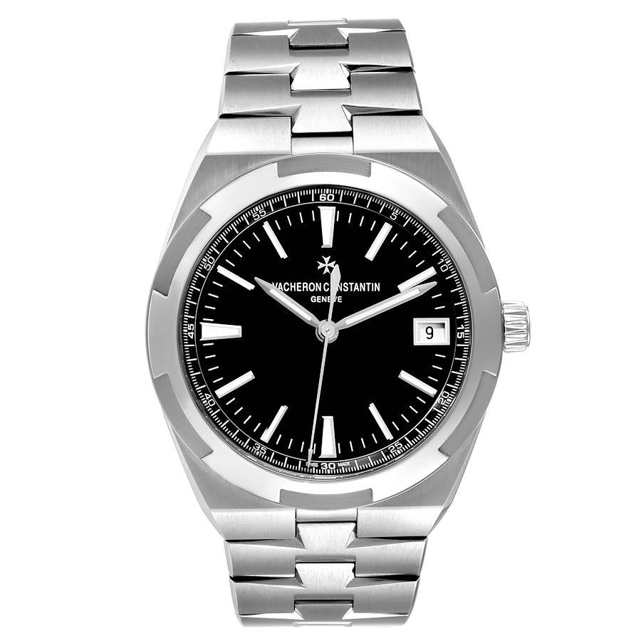 Vacheron Constantin Overseas Black Dial Steel Mens Watch 4500V Unworn. Automatic self-winding movement. Brushed stainless steel case 41 mm in diameter. Screwed down crown. Logo on a crown. Transparent exhibition sapphire crystal case back. Polished