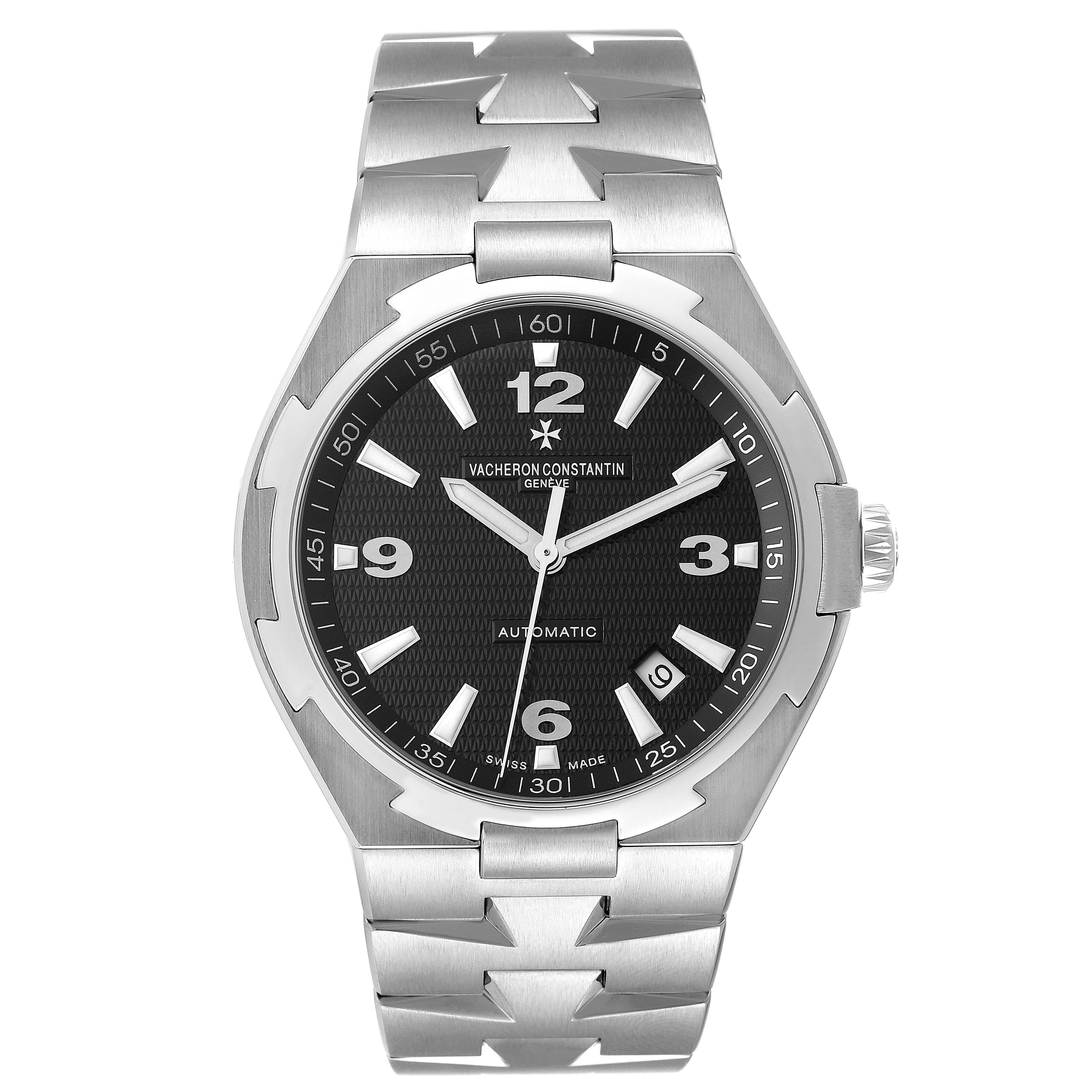 Vacheron Constantin Overseas Black Dial Steel Mens Watch 47040 Box Papers. Automatic self-winding movement. Brushed stainless steel case 42.5 mm in diameter. Screwd down crown. Logo on a crown. Solid case back with 'overseas' medalion. Polished