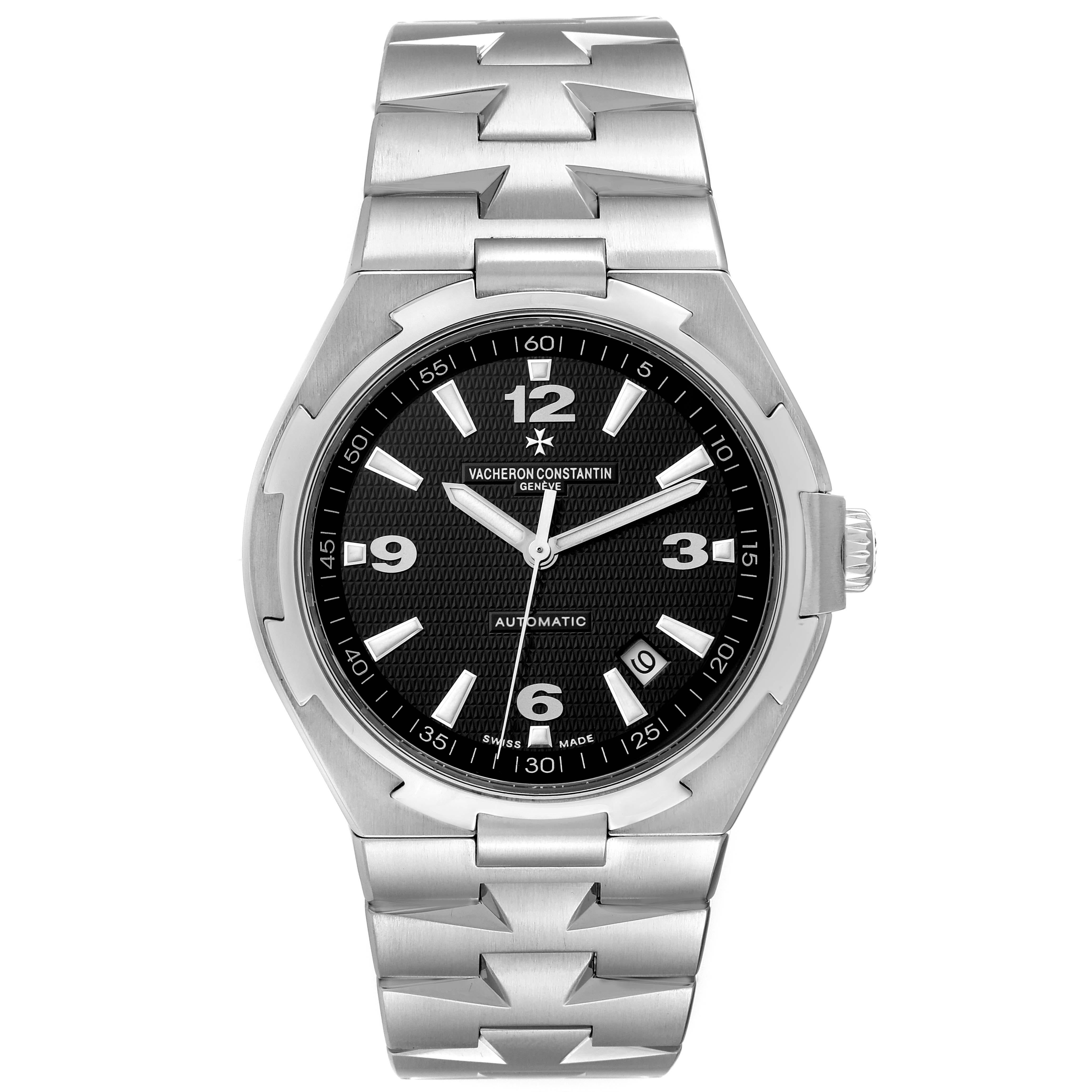 Vacheron Constantin Overseas Black Dial Steel Mens Watch 47040 Box Papers. Automatic self-winding movement. Brushed stainless steel case 42.5 mm in diameter. Screwed down crown with Vacheron Constantin logo. Solid case back with 'overseas'