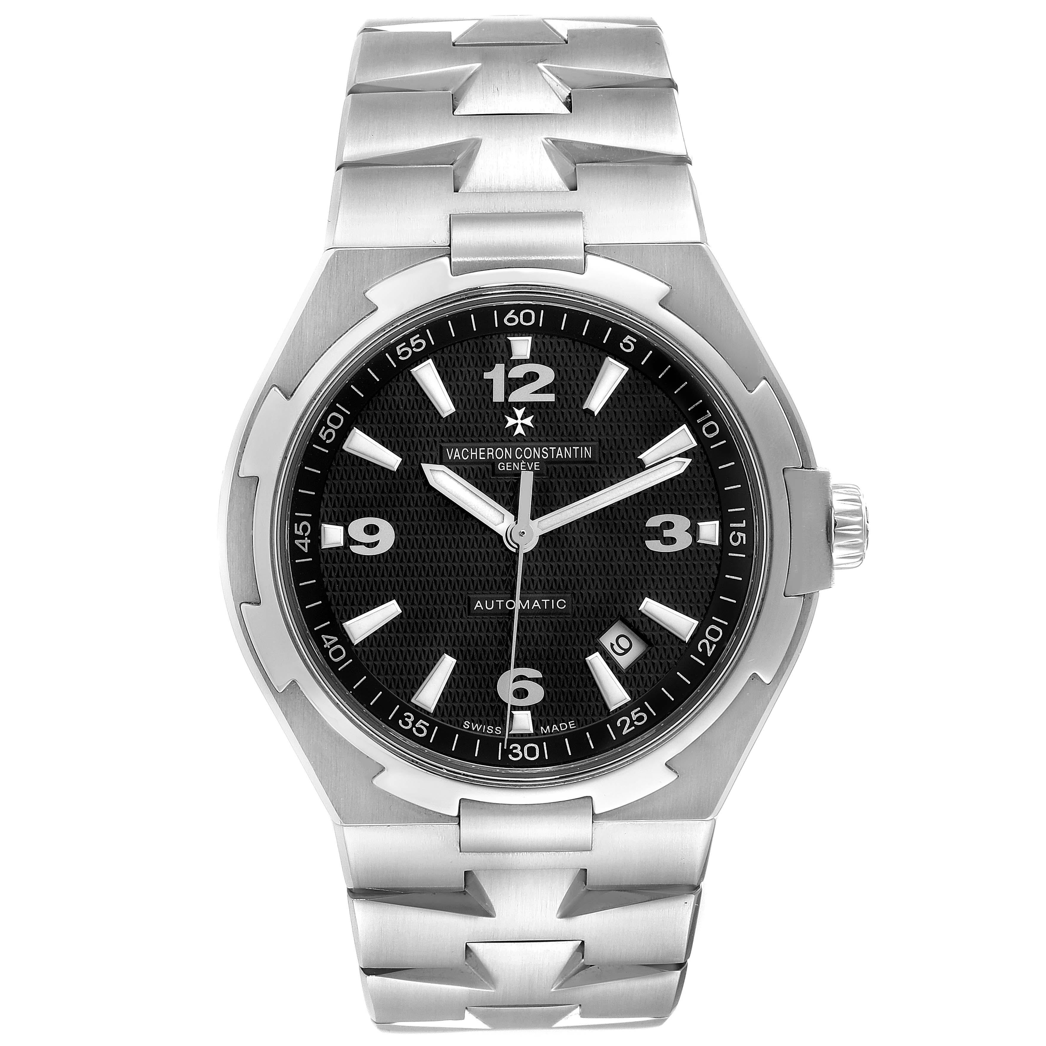 Vacheron Constantin Overseas Black Dial Steel Mens Watch 47040 Papers. Automatic self-winding movement. Brushed stainless steel case 42.5 mm in diameter. Screwed down crown with Vacheron Constantin logo. Solid case back with 'overseas' medallion.