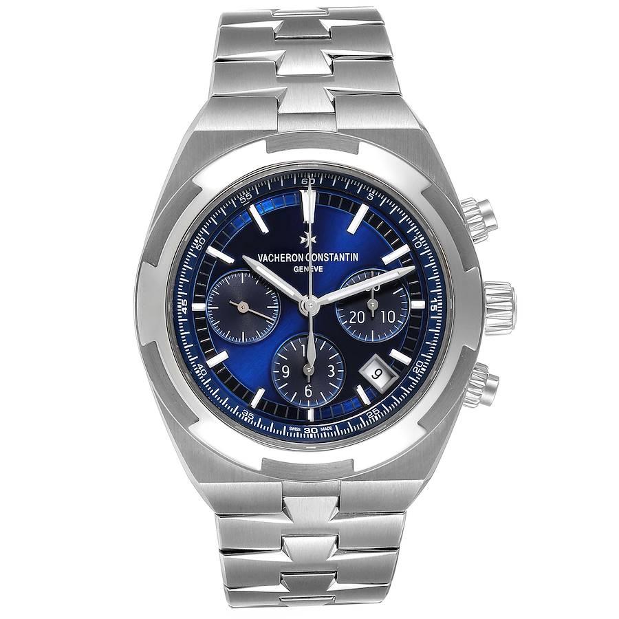 Vacheron Constantin Overseas Blue Dial Chronograph Mens Watch 5500V Card. Automatic self-winding chronograph movement. Brushed stainless steel case 42.5 mm in diameter. Screwed down crown and pushers. Logo on a crown. Exhibition sapphire crystal
