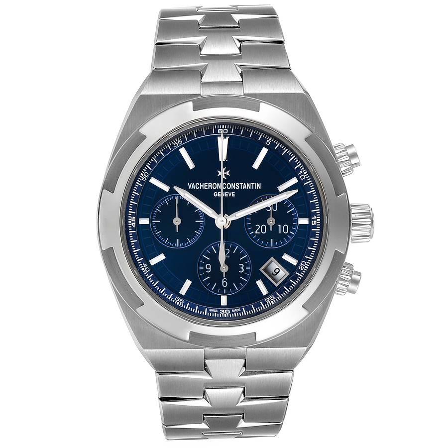 Vacheron Constantin Overseas Blue Dial Chronograph Mens Watch 5500V Card. Automatic self-winding chronograph movement. Brushed stainless steel case 42.5 mm in diameter. Screwed down crown and pushers. Logo on a crown. Exhibition sapphire crystal