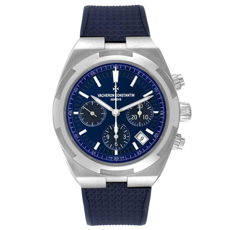 Vacheron Constantin Overseas Blue Dial Chronograph Mens Watch 5500V Papers. Automatic self-winding chronograph movement. Brushed stainless steel case 42.5 mm in diameter. Screwd down crown and pushers. Logo on a crown. Exhibition sapphire crystal