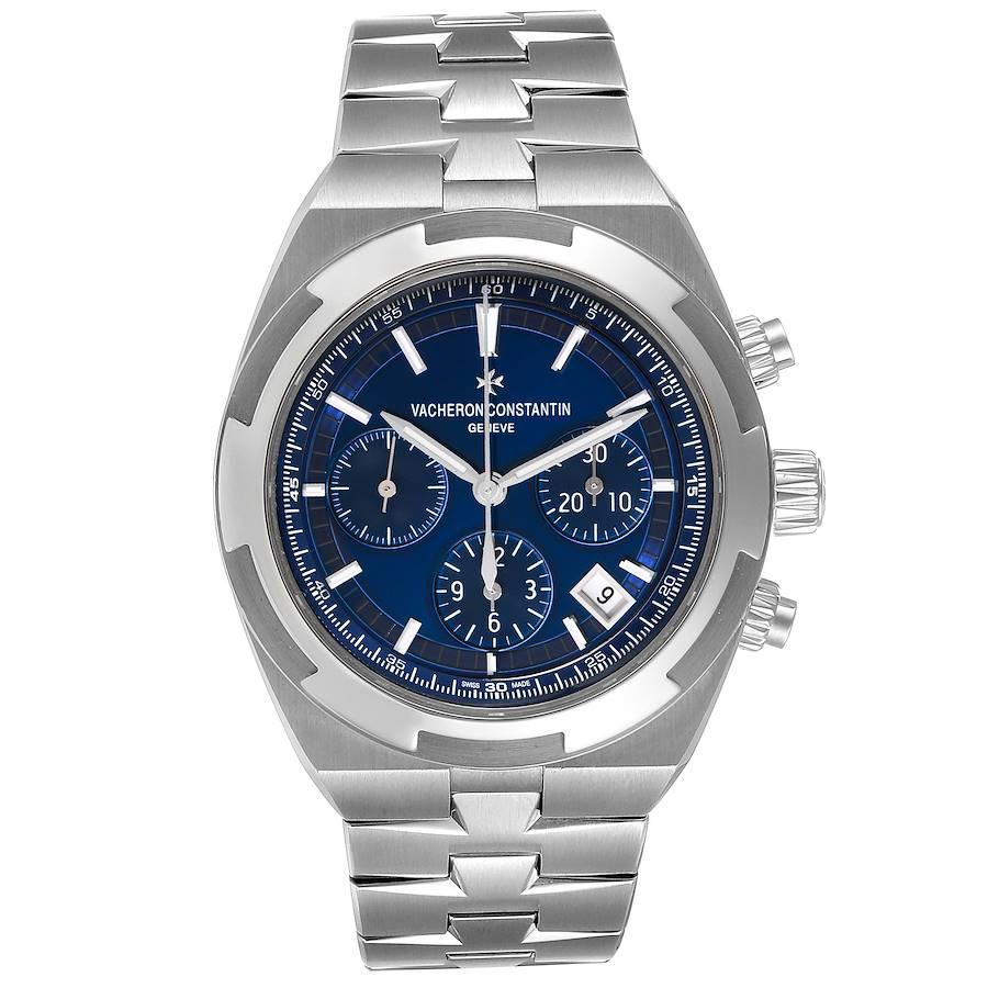 Vacheron Constantin Overseas Blue Dial Chronograph Mens Watch 5500V Unworn. Automatic self-winding chronograph movement. Brushed stainless steel case 42.5 mm in diameter. Screwed down crown and pushers. Logo on a crown. Exhibition sapphire crystal
