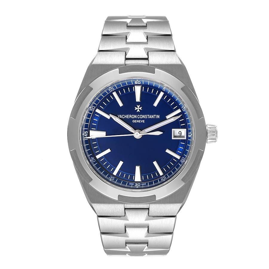 Vacheron Constantin Overseas Blue Dial Steel Mens Watch 4500V Box Card. Automatic self-winding movement. Brushed stainless steel case 41 mm in diameter. Screwed down crown. Logo on a crown. Transparent exhibition sapphire crystal case back. Polished