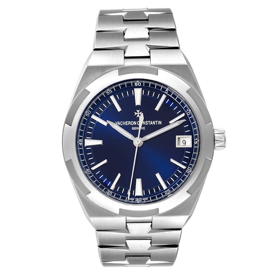 Vacheron Constantin Overseas Blue Dial Steel Mens Watch 4500V Box Papers. Automatic self-winding movement. Brushed stainless steel case 41 mm in diameter. Screwed down crown. Logo on a crown. Transparent exhibition sapphire crystal case back.