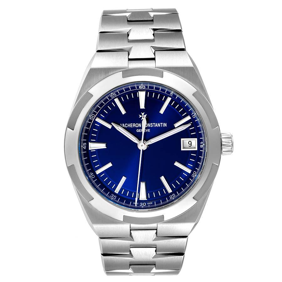 Vacheron Constantin Overseas Blue Dial Steel Mens Watch 4500V Papers. Automatic self-winding movement. Brushed stainless steel case 41 mm in diameter. Screwed down crown. Logo on a crown. Transparent exhibition sapphire crystal case back. Polished