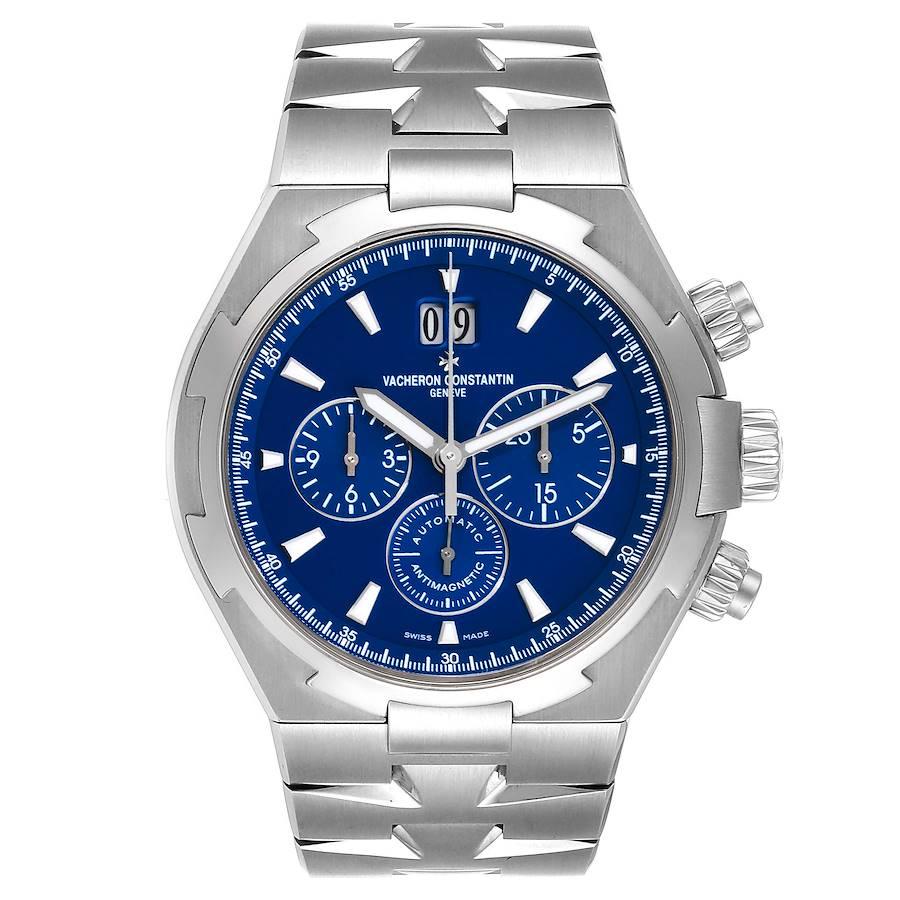 Vacheron Constantin Overseas Chronograph Blue Dial Mens Watch 49150. Self-winding automatic movement. Brushed stainless steel case 42.5 mm in diameter. Screwed down crown and pushers. Logo on a crown. Solid case back with 'overseas' medalion.