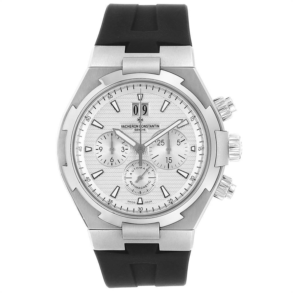 Vacheron Constantin Overseas Chronograph Mens Watch 49150 Box Card. Self-winding automatic movement. Chronograph function. Brushed stainless steel case 42.5 mm in diameter. Screwd down crown and pushers. Logo on a crown. Solid case back with