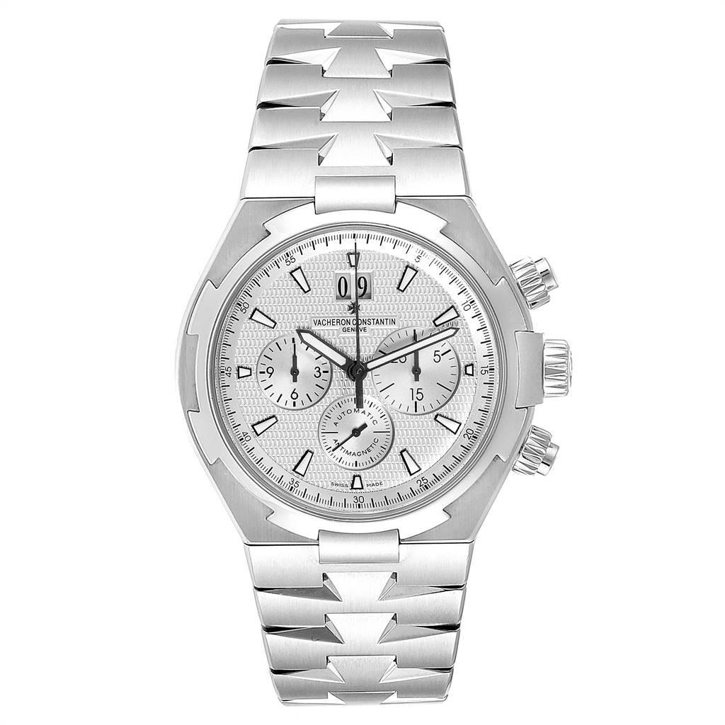 Vacheron Constantin Overseas Chronograph Mens Watch 49150 Box Papers. Self-winding automatic chronograph movement. Stainless steel case 42.5 mm in diameter. Screwd down crown and pushers. Logo on a crown. Solid case back with 'overseas' medalion.