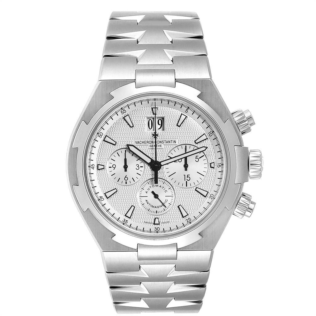 Vacheron Constantin Overseas Chronograph Mens Watch 49150 Box Papers. Automatic Self-winding chronograph movement. Stainless steel case 42.5 mm in diameter. Screwd down crown and pushers. Logo on a crown. Solid case back with 'overseas' medalion.