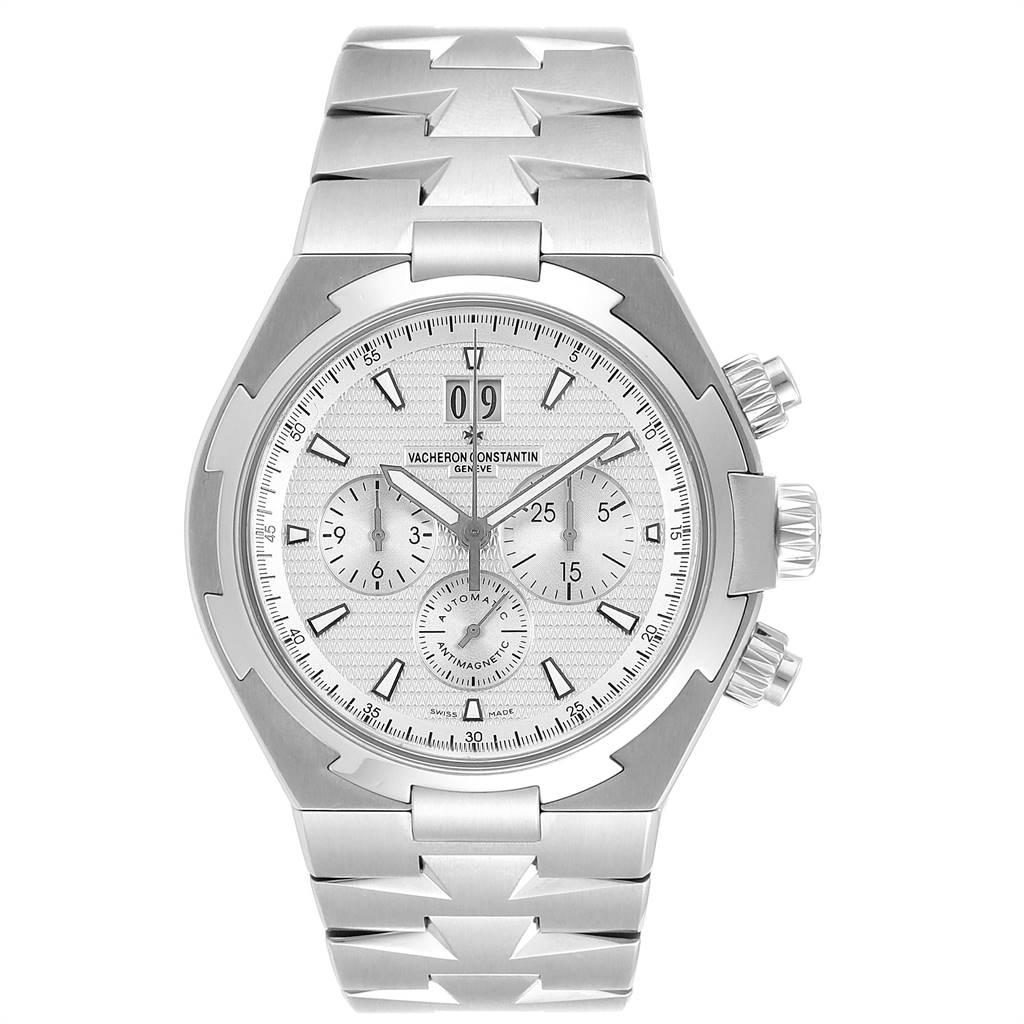 Vacheron Constantin Overseas Chronograph Silver Dial Mens Watch 49150. Automatic self-winding chronograph movement. Brushed stainless steel case 42.5 mm in diameter. Screwd down crown and pushers. Logo on a crown. Solid case back with 'overseas'