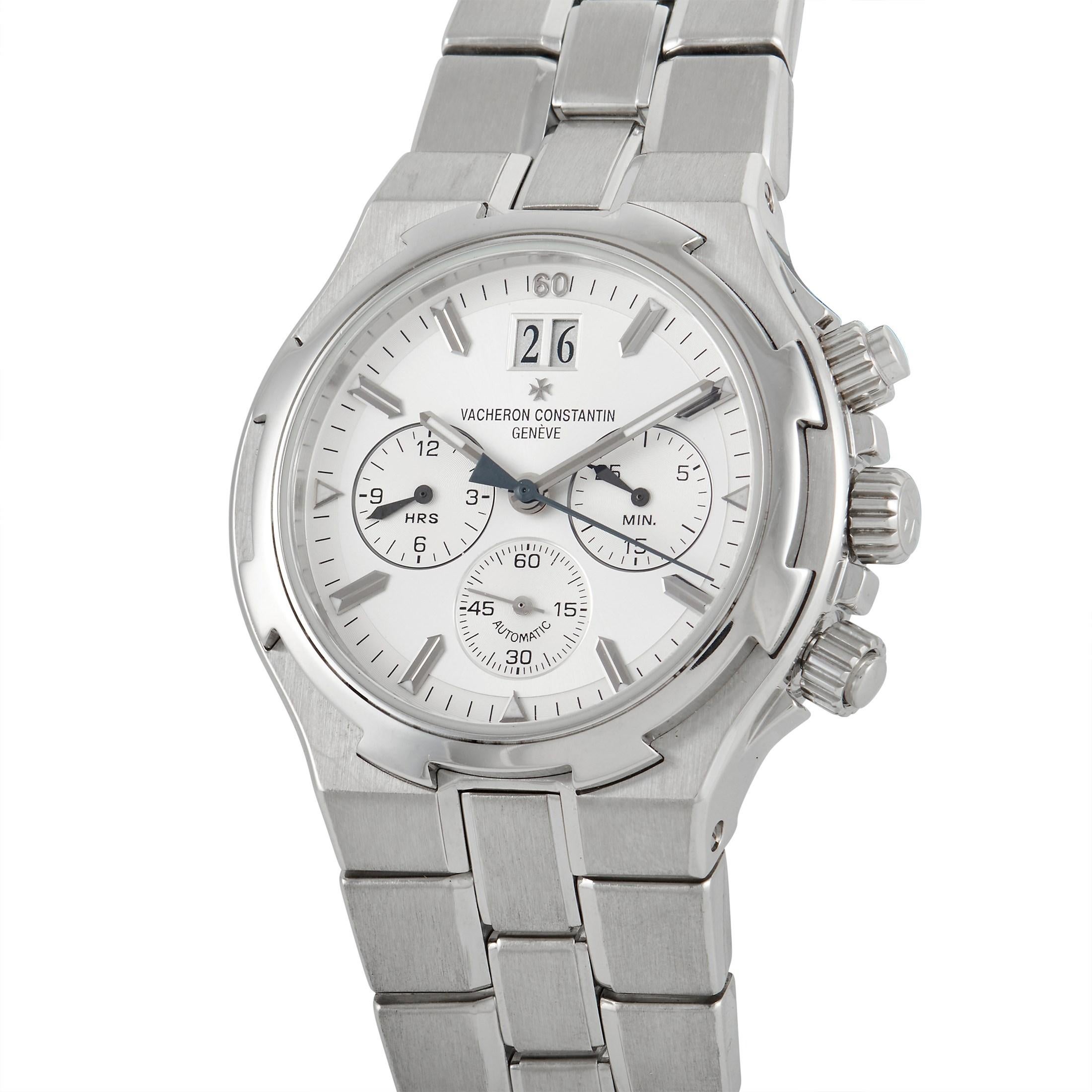The Vacheron Constantin Overseas Chronograph Watch, reference number 49140, is a luxury timepiece with a sleek, sophisticated sense of style.

This impeccable accessory features a 42mm case, bezel, and bracelet made from shimmering stainless steel.