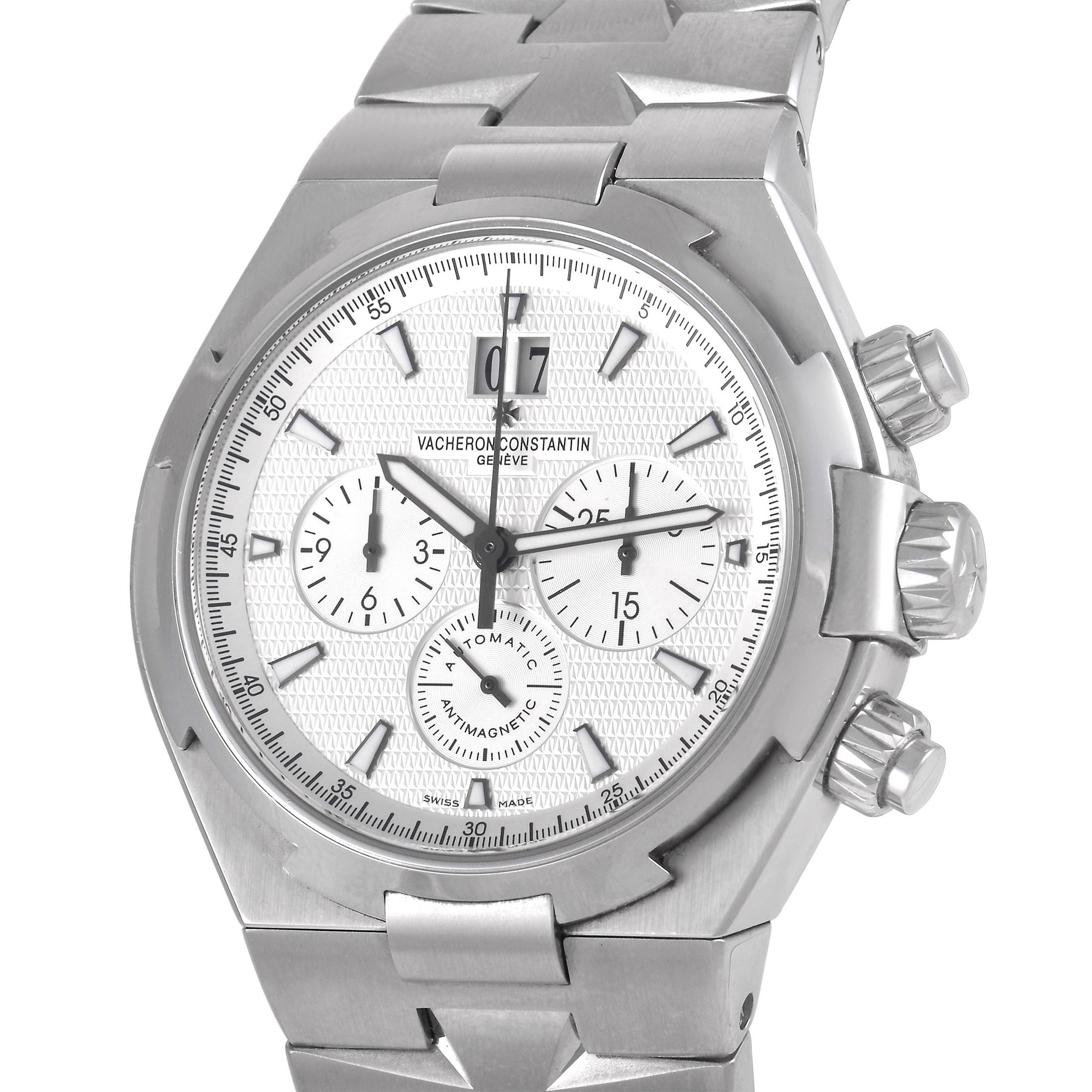 The Vacheron Constantin Overseas Chronograph Watch, reference number 49150/BO1A, is a luxury piece that puts functionality at the forefront.

This exceptional timepiece features a 42mm case, bezel, and bracelet made from solid stainless steel. The