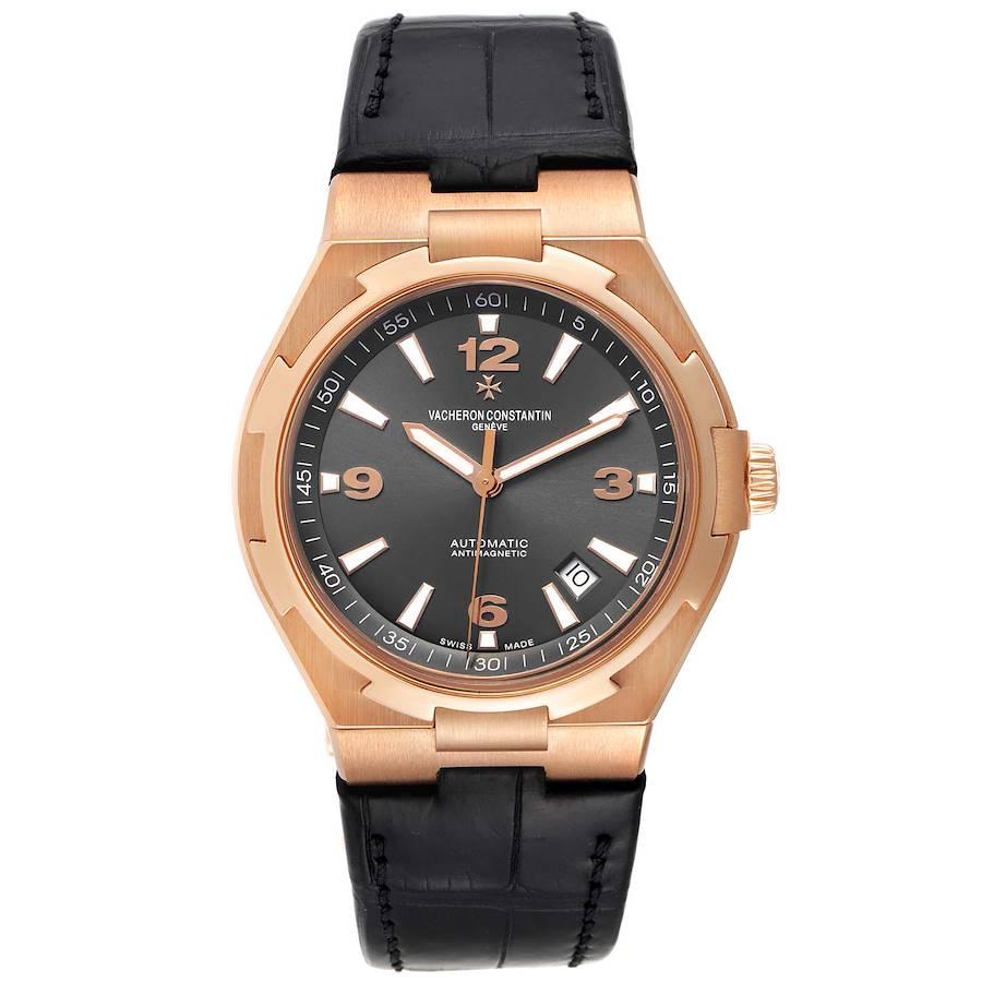 Vacheron Constantin Overseas Date Rose Gold Mens Watch 47040 Papers. Automatic self-winding movement. 18K rose gold case 42.5 mm in diameter. Screwed down crown. Logo on a crown. Solid case back with 'overseas' medalion. 18K rose gold bezel. Scratch