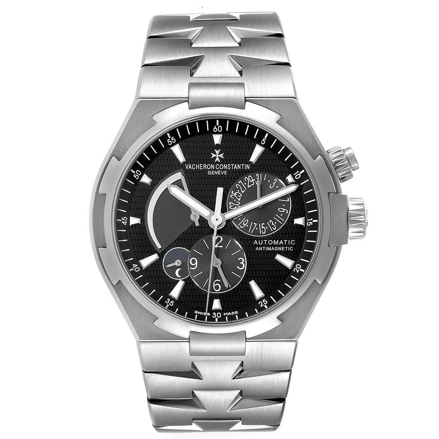 Vacheron Constantin Overseas Dual Time Black Dial Mens Watch 47450. Self-winding automatic movement. Brushed stainless steel case 42.5 mm in diameter. Screwed down crown and pushers. Logo on a crown. Solid case back with 'overseas' medalion.
