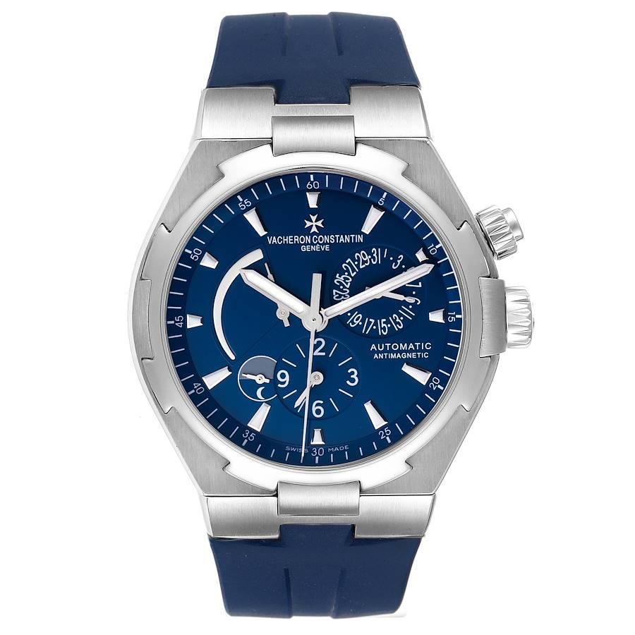 Vacheron Constantin Overseas Dual Time Blue Dial Mens Watch 47450. Self-winding automatic movement. Brushed stainless steel case 42.5 mm in diameter. Screwed down crown and pusher. Logo on a crown. Solid case back with 'overseas' medalion. Stainless