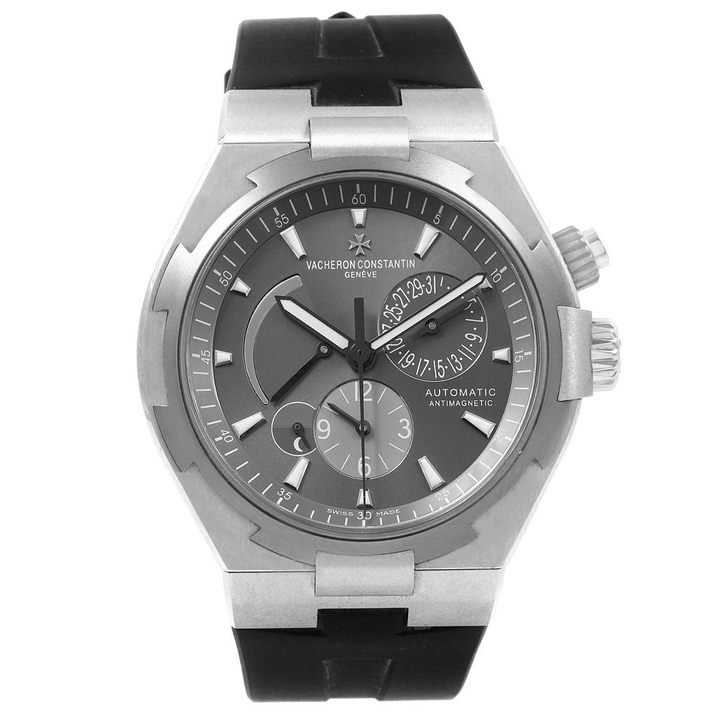 Vacheron Constantin Overseas Dual Time Grey Dial Mens Watch 47450. Self-winding automatic movement. Brushed stainless steel case 42.5 mm in diameter. Screwd down crown and pushers. Logo on a crown. Solid case back with 'overseas' medalion. Fixed