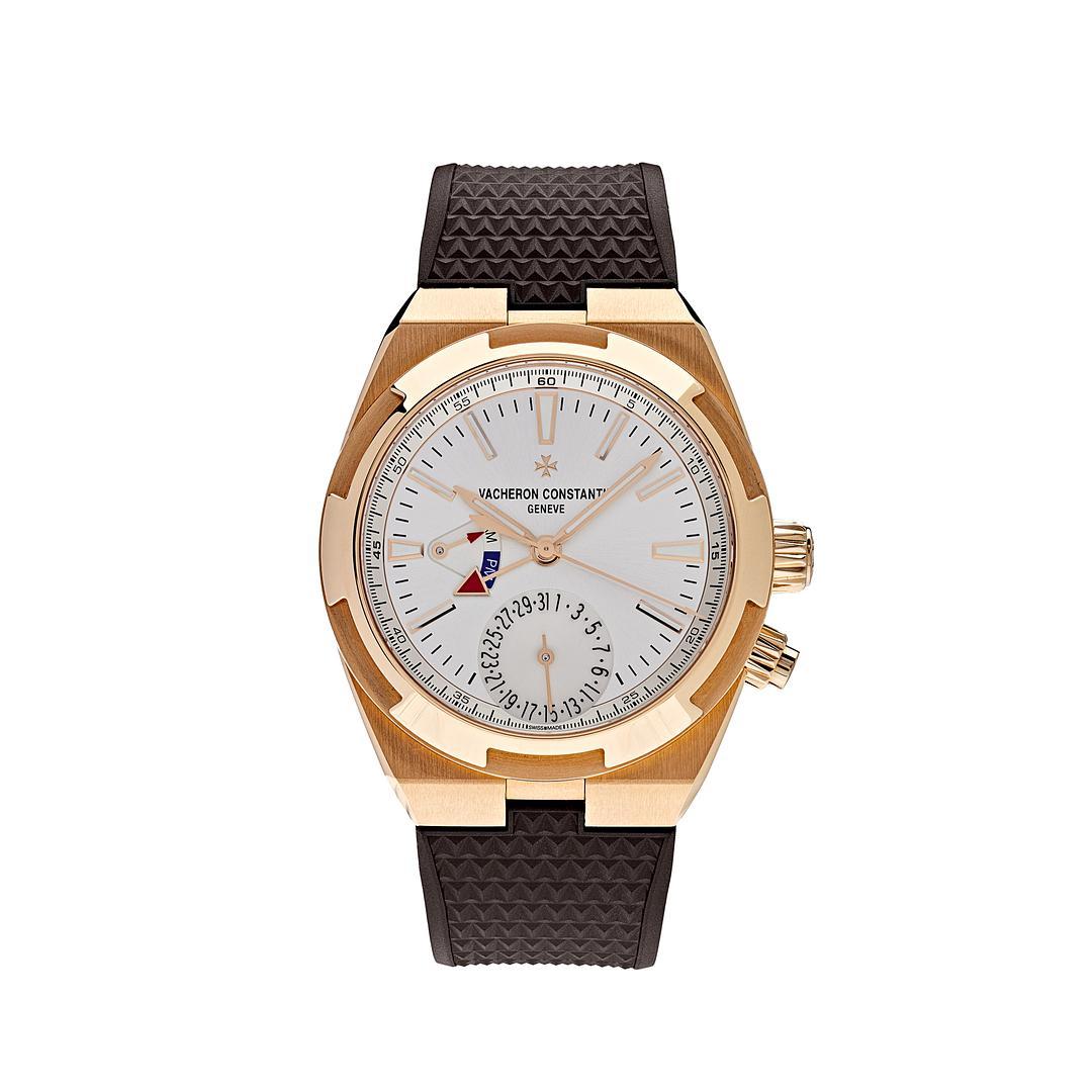This Vacheron Constantin Overseas 18K pink gold watch has refinements that help travelers in their daily lives, such as a dual time zone, a day-night indicator, and a date hand. The watch may be modified according to the owner's requirements thanks