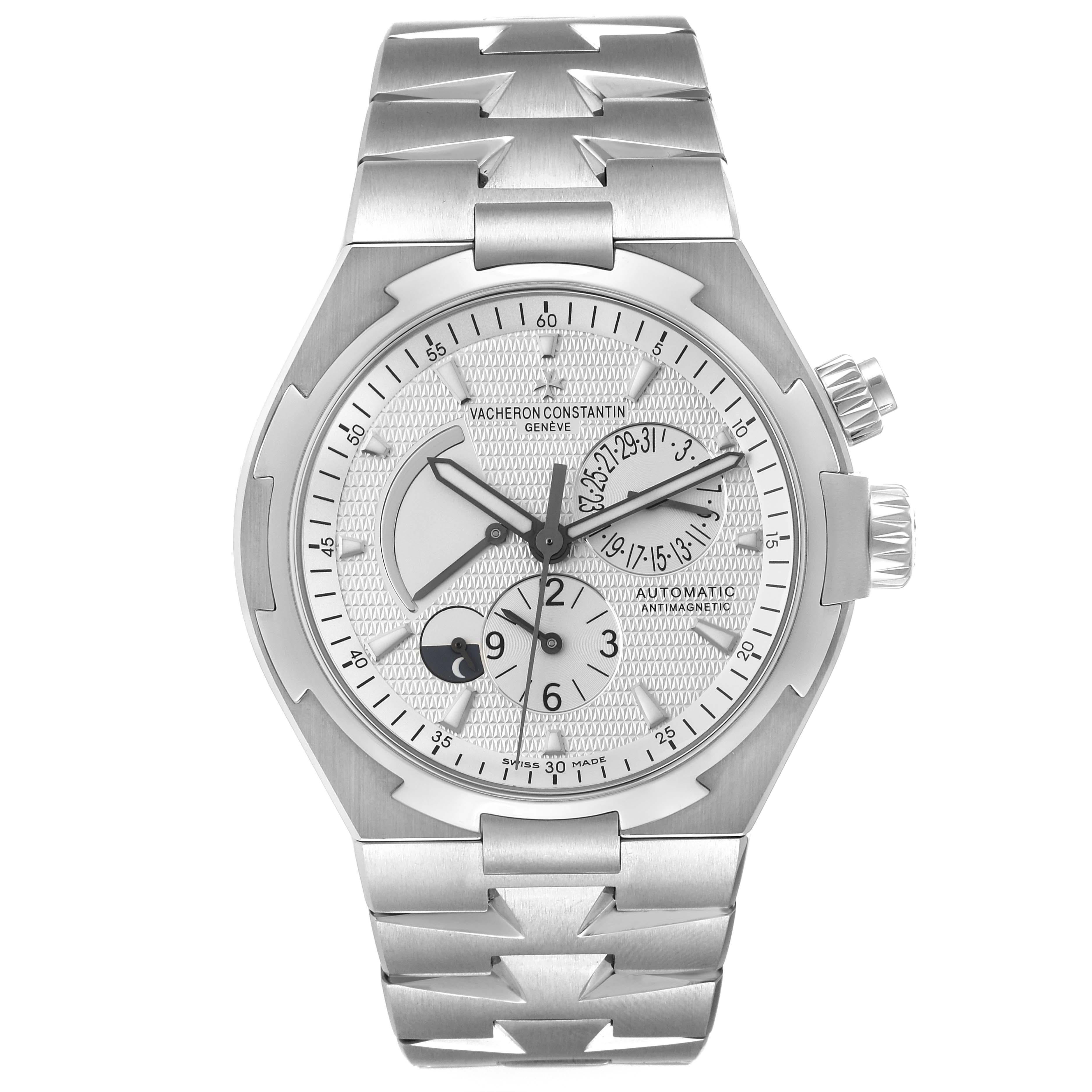 Vacheron Constantin Overseas Dual Time Silver Dial Mens Watch 47450 Box Papers. Self-winding automatic movement. Brushed stainless steel case 42.5 mm in diameter. Screwd down crown and pusher. Logo on a crown. Solid case back with 'overseas'