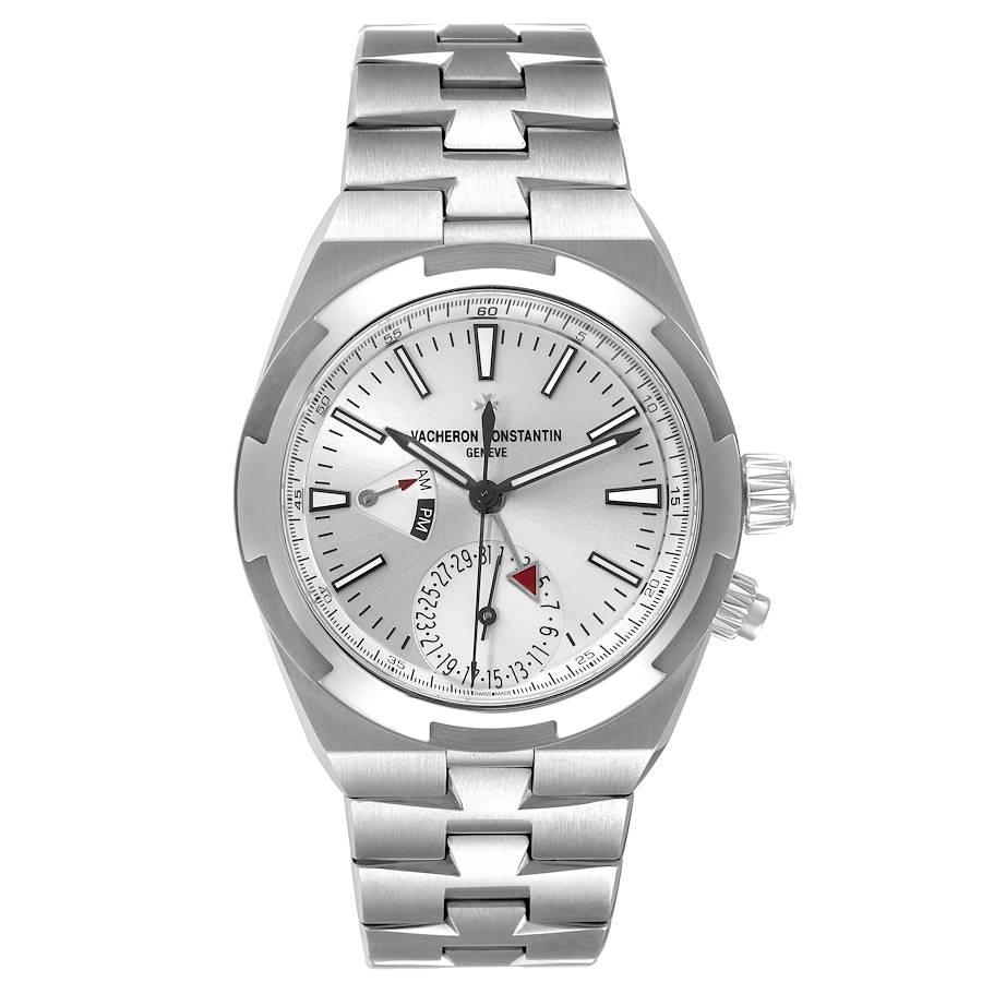 Vacheron Constantin Overseas Dual Time Steel Mens Watch 7900V Card. Automatic self-winding movement. Brushed stainless steel case 41.0 mm in diameter. Screw down crown and pushers. Logo on a crown. Exhibition transparent sapphire crystal caseback.