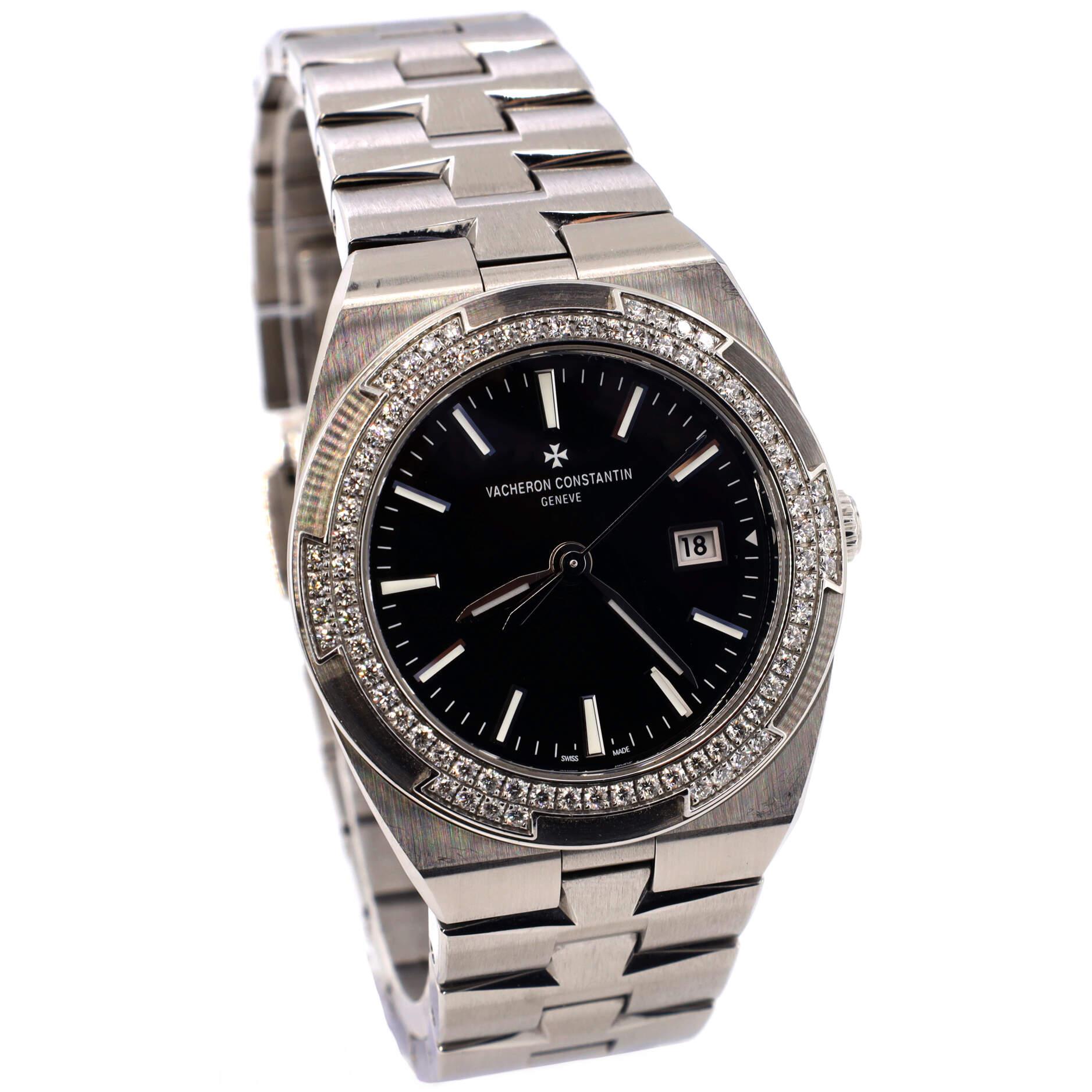 Vacheron Constantin Overseas Quarz-Uhr aus Edelstahl mit Diamant-Lünette 33 im Zustand „Gut“ in New York, NY