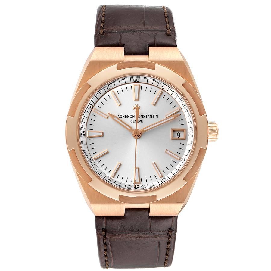 Vacheron Constantin Overseas Rose Gold Silver Dial Mens Watch 4500V. Automatic self-winding movement. 18k rose gold case 41 mm in diameter. Screwed down crown. Logo on a crown. Transparent exhibition sapphire crystal case back. Polished 18k rose
