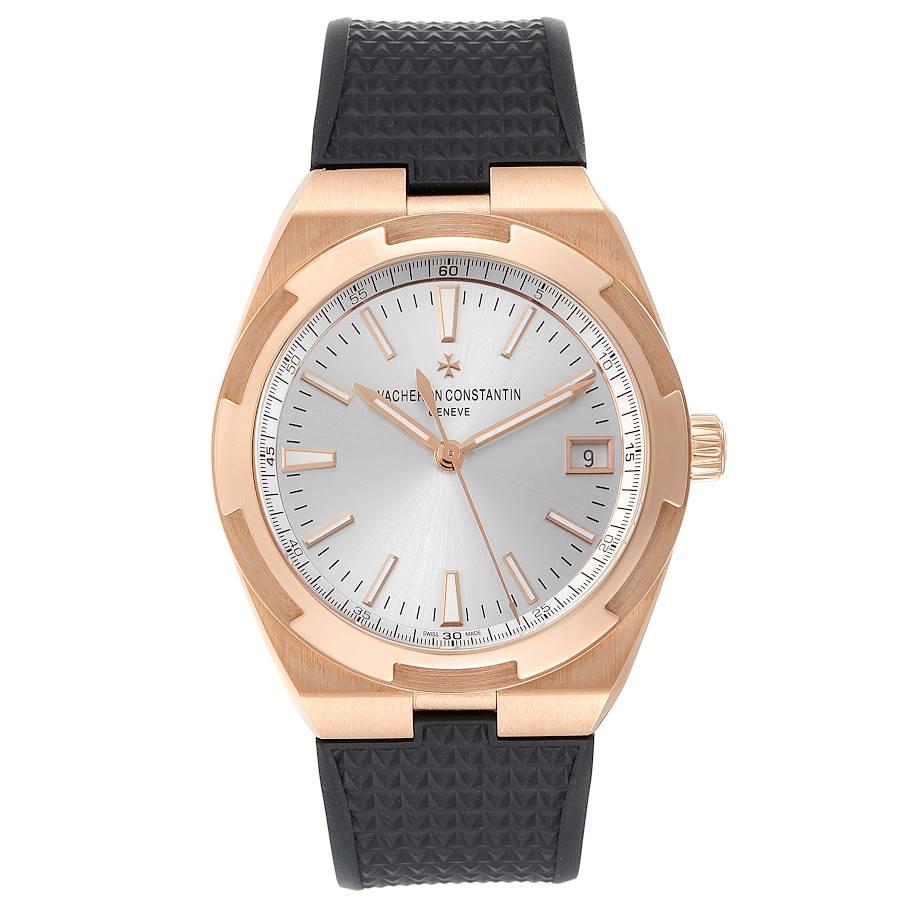 Vacheron Constantin Overseas Rose Gold Silver Dial Mens Watch 4500V Unworn. Automatic self-winding movement. 18k rose gold case 41 mm in diameter. Screwed down crown. Logo on a crown. Transparent exhibition sapphire crystal case back. Polished 18k