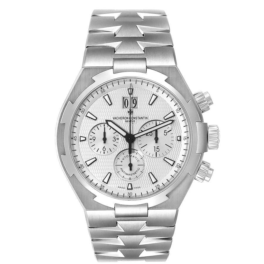 Vacheron Constantin Overseas Silver Dial Chronograph Mens Watch 49150. Automatic self-winding chronograph movement. Stainless steel case 42.5 mm in diameter. Screwed down crown and pushers. Logo on the crown. Solid case back with 'Overseas'