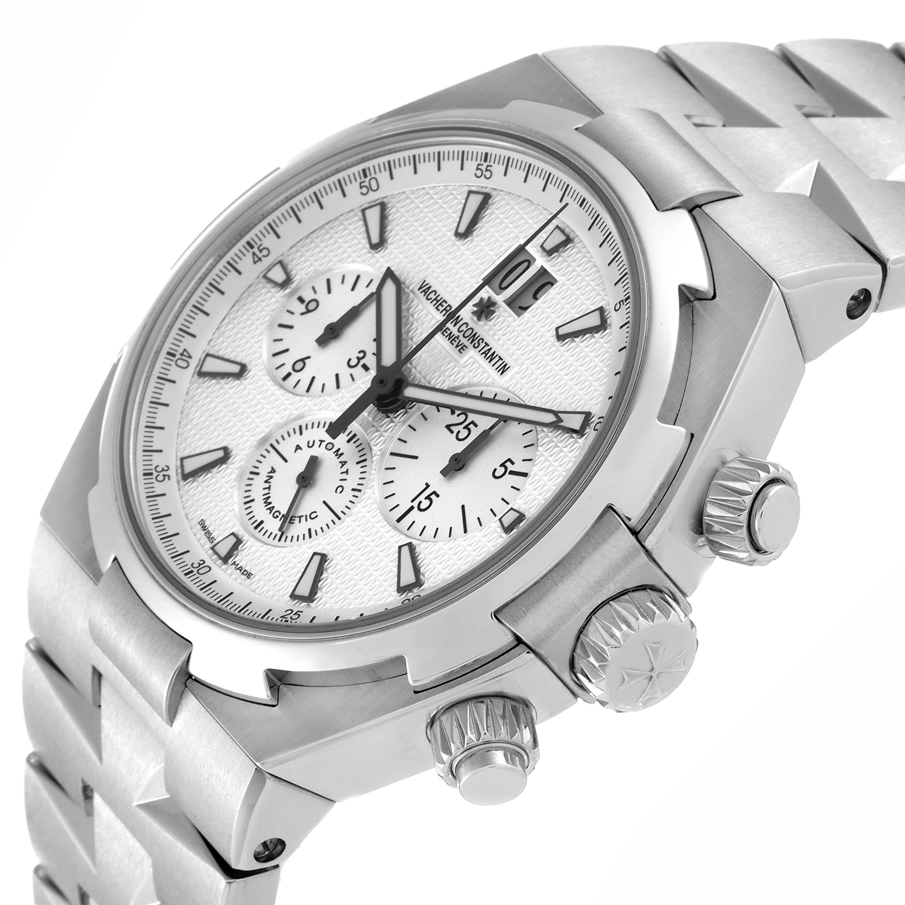Vacheron Constantin Overseas Silver Dial Chronograph Mens Watch 49150 Papers. Automatic self-winding chronograph movement. Stainless steel case 42.5 mm in diameter. Screwed down crown and pushers. Vacheron Constantin logo on crown. Solid case back