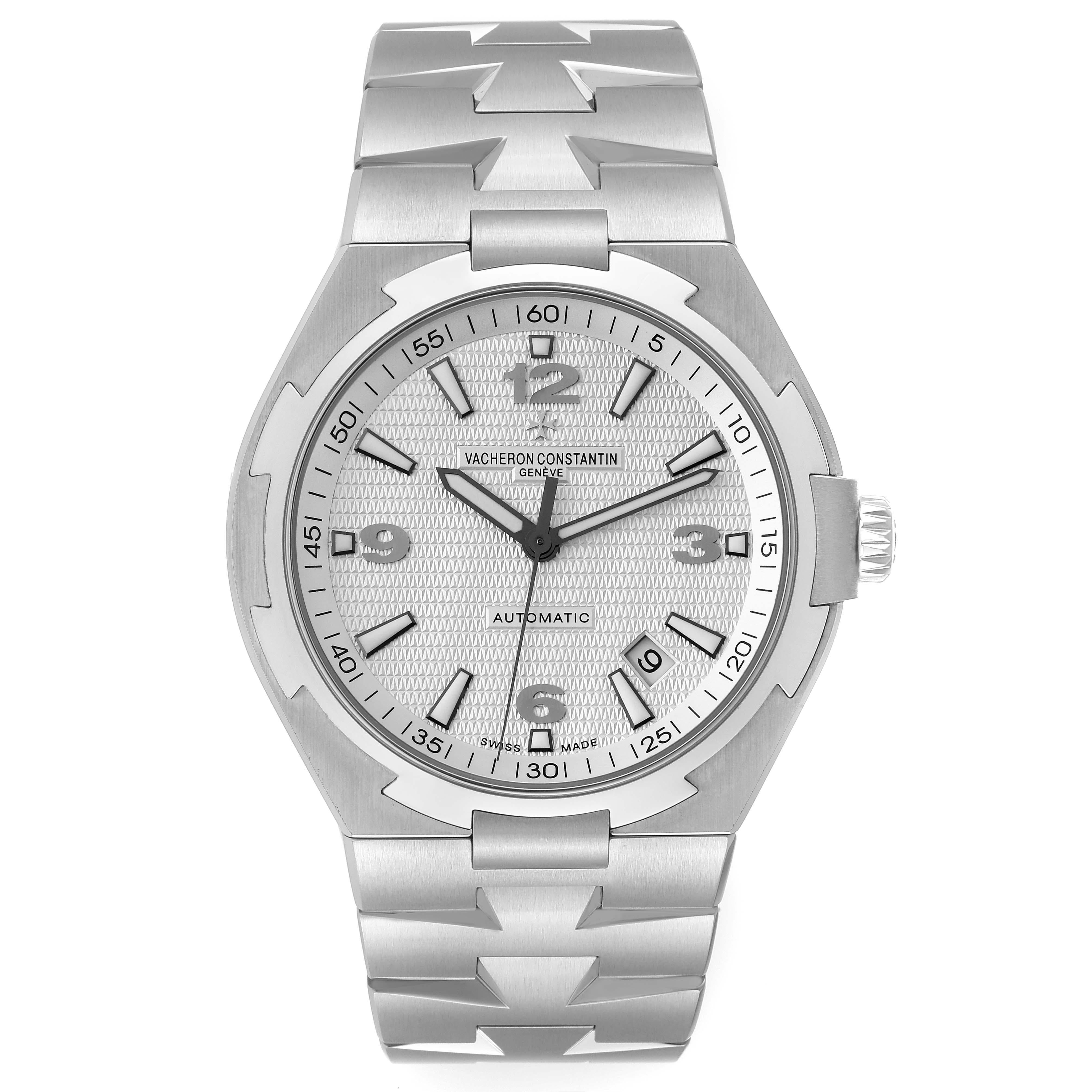Vacheron Constantin Overseas Silver Dial Steel Mens Watch 47040 Box Papers. Automatic self-winding movement. Brushed stainless steel case 42.5 mm in diameter. Screwed down crown. Logo on a crown. Solid caseback with 'overseas' medalion. Polished