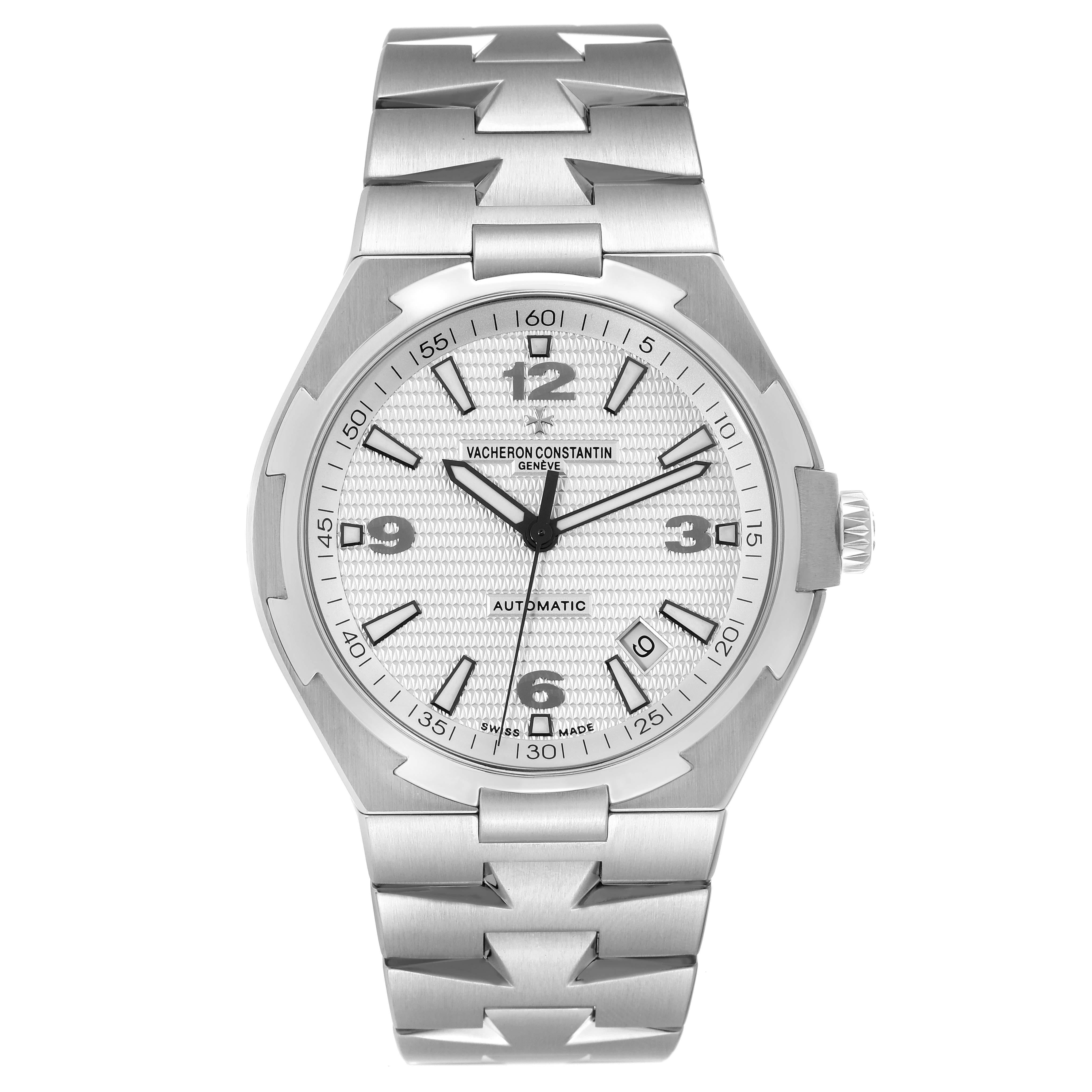 Vacheron Constantin Overseas Silver Dial Steel Mens Watch 47040 Box Papers. Automatic self-winding movement. Brushed stainless steel case 42.5 mm in diameter. Screwed down crown with Vacheron logo. Solid caseback with 'overseas' medalion. Polished