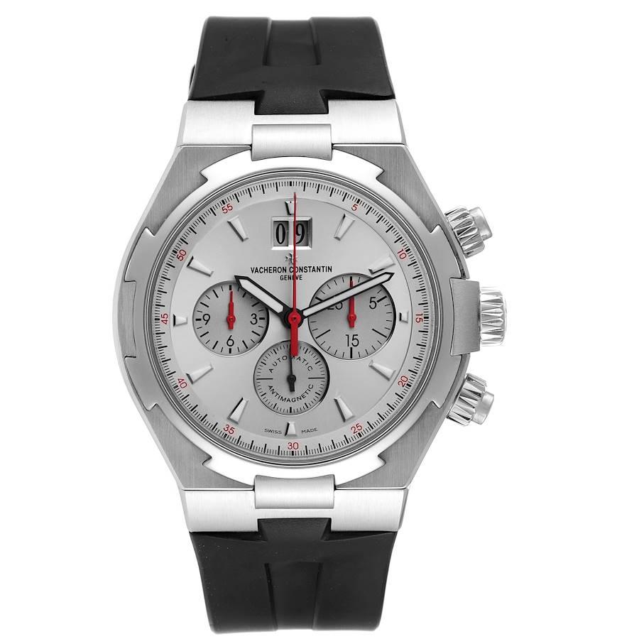 Vacheron Constantin Overseas Steel Chronograph Mens Watch 49150. Self-winding automatic movement. Chronograph function. Brushed stainless steel case 42.5 mm in diameter. Screwed down crown and pushers. Logo on a crown. Solid case back with
