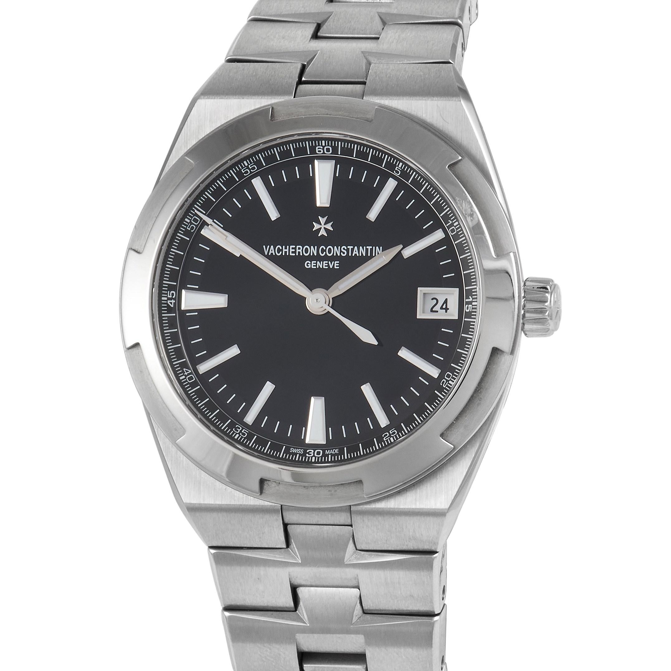 This good-looking watch is the epitome of simplicity. Perfect for everyday wear, the Vacheron Constantin Overseas Watch 4500V/110A-B483 features an elegant black dial that stands out against a silver-toned stainless steel case and bracelet. The