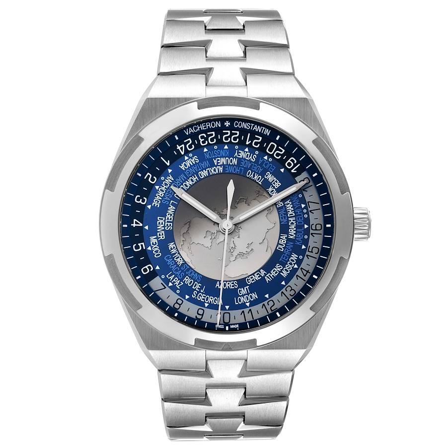 Vacheron Constantin Overseas World Time 43.5 mm Steel Mens Watch 7700V. Automatic self-winding movement. Brushed stainless steel case 43.5 mm in diameter. Screwed down crown. Logo on a crown. Transparent exhibition sapphire crystal case back.