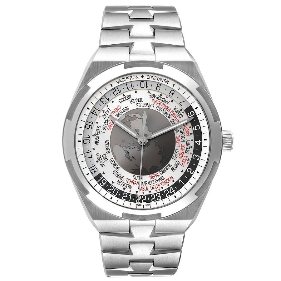 Vacheron Constantin Overseas World Time 43.5 mm Steel Mens Watch 7700V. Automatic self-winding movement. Brushed stainless steel case 43.5 mm in diameter. Screwed down crown. Logo on a crown. Transparent exhibition sapphire crystal case back.